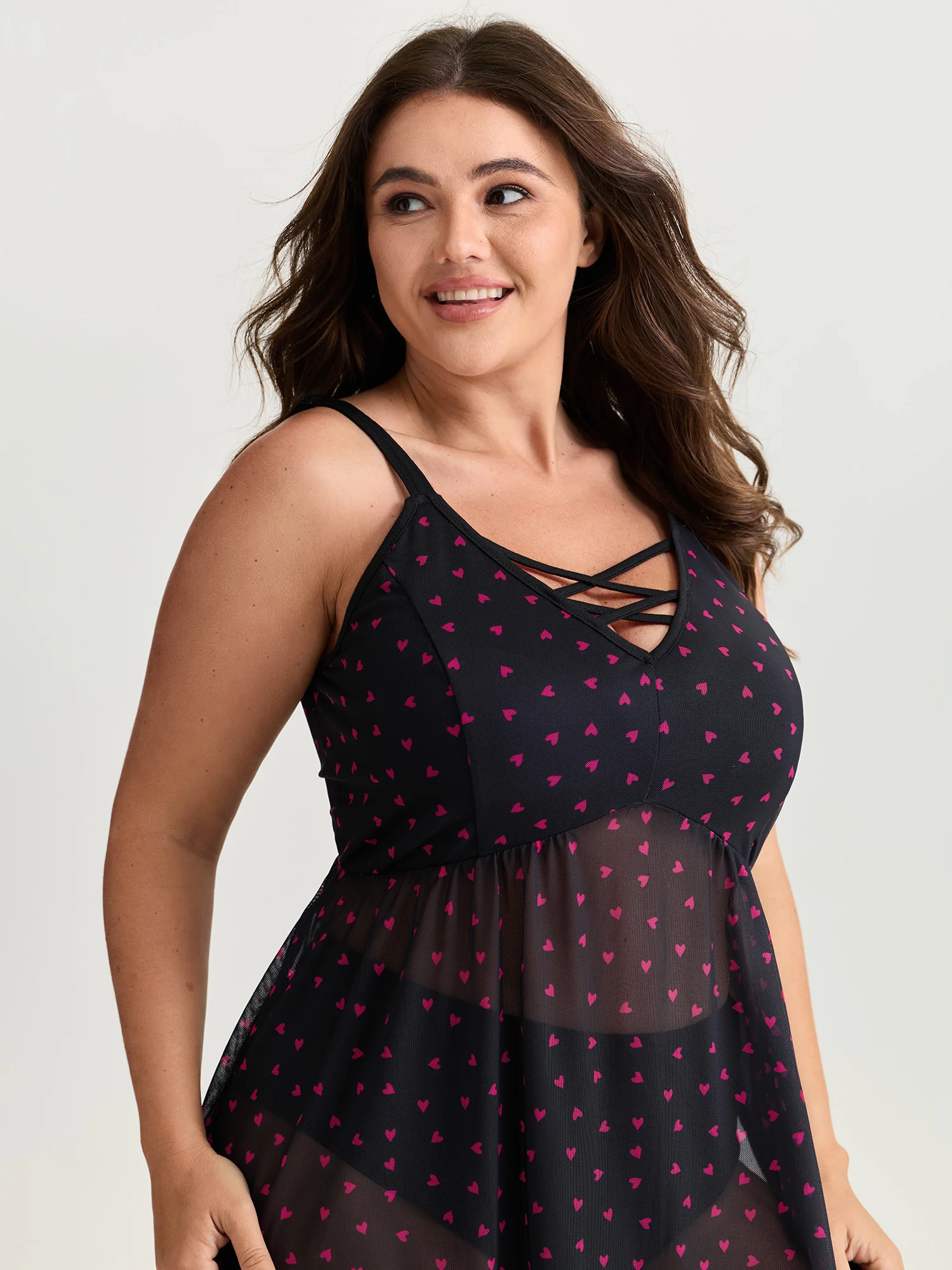 Sweetheart Print Sheer Crisscross Neckline Nightgown - Image 2