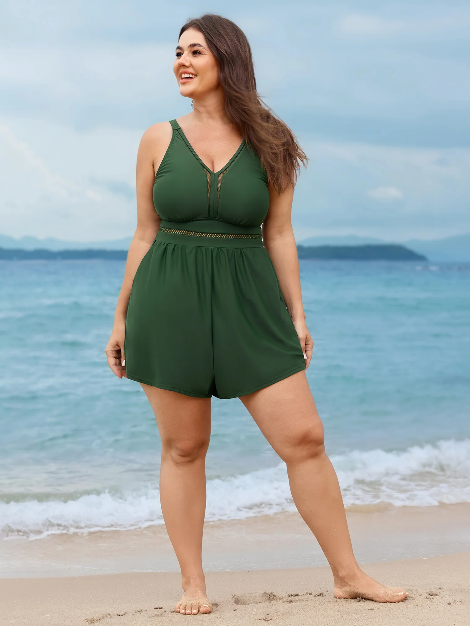 Sheer Mesh Panel V-Neck One-Piece Swimsuit - Image 3