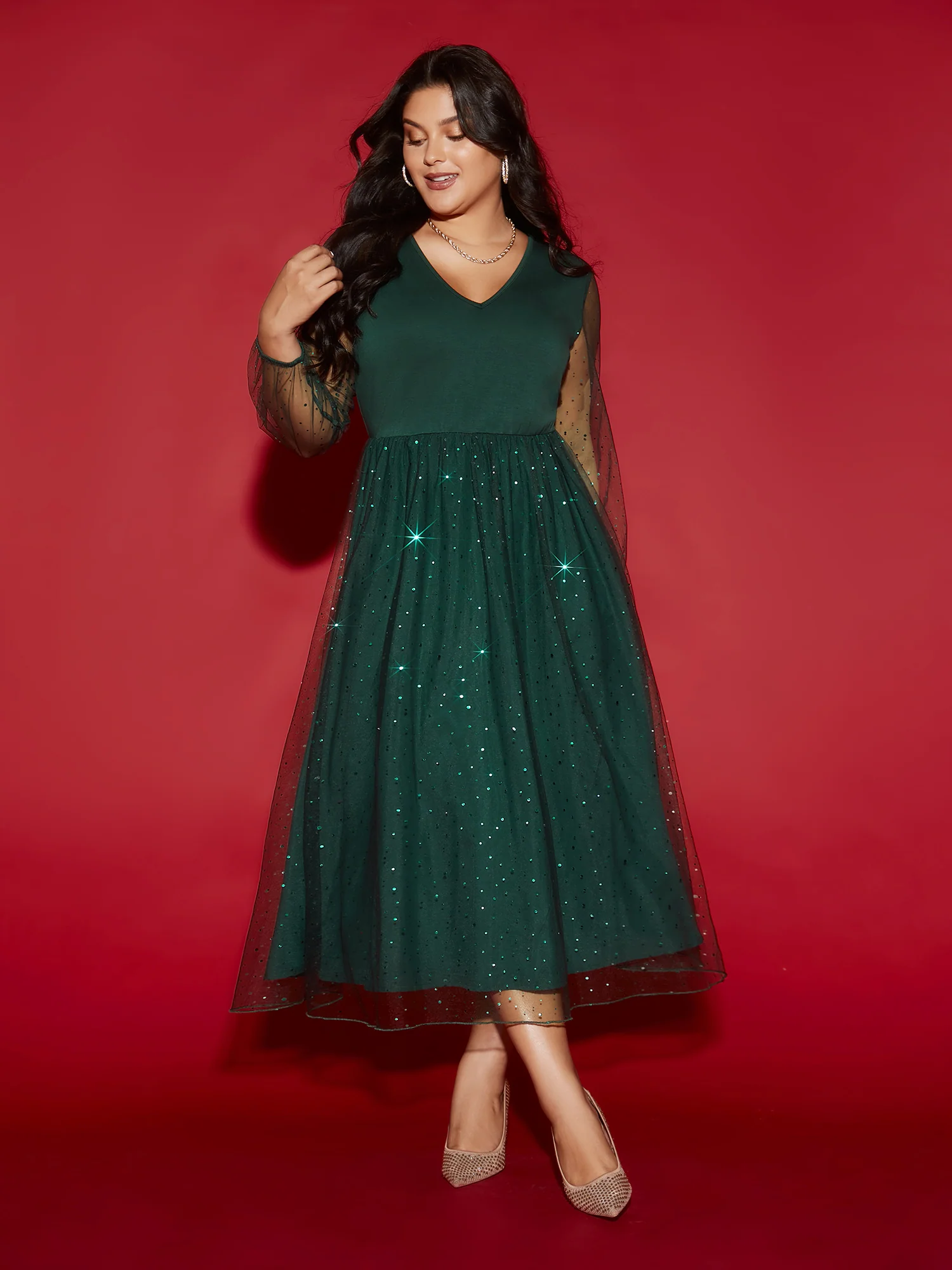 Sheer Mesh Shimmering Sequins Maxi Dress - Image 3