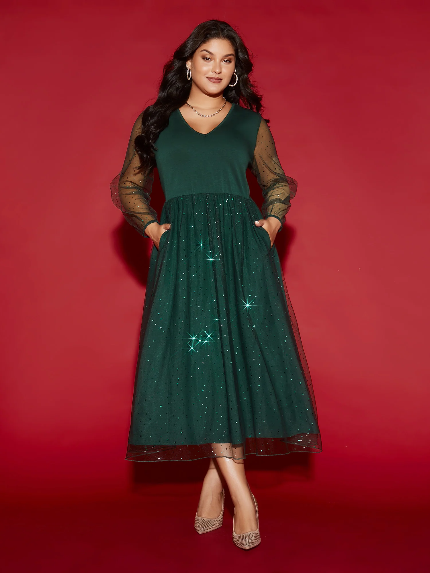 Sheer Mesh Shimmering Sequins Maxi Dress - Image 4