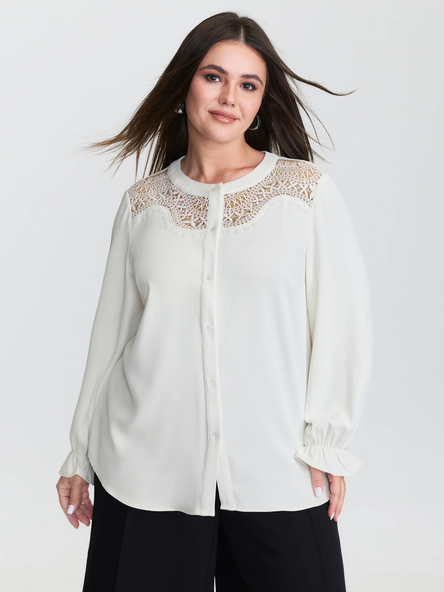 Sheer Neckline Ruffled Cuff Sleeve Blouse - Image 4