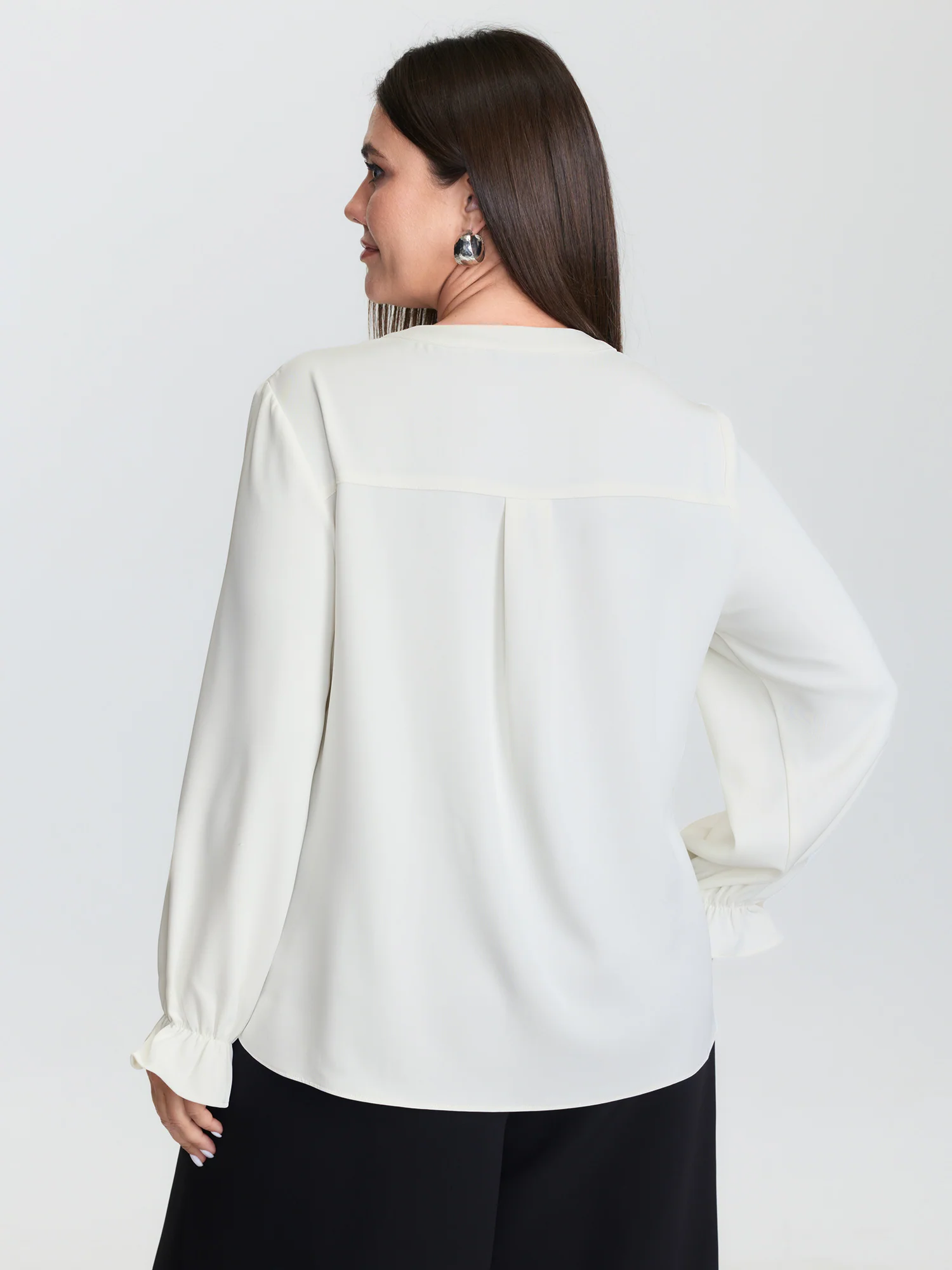 Sheer Neckline Ruffled Cuff Sleeve Blouse - Image 5