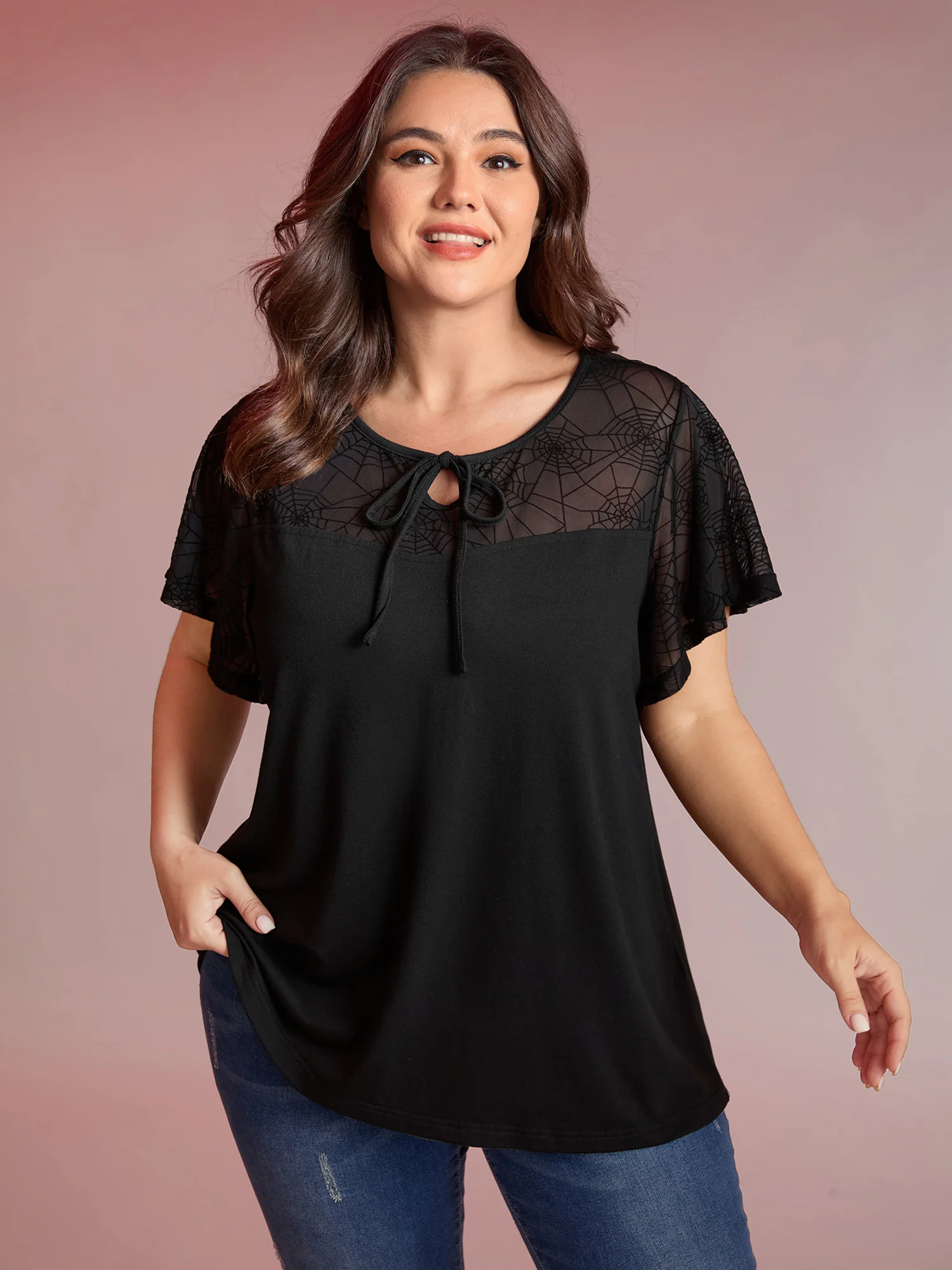 Sheer Neckline Tie Ruffled Sleeve T-Shirt - Image 2