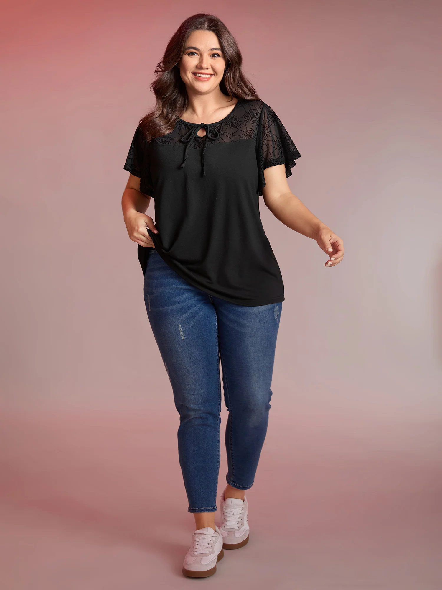 Sheer Neckline Tie Ruffled Sleeve T-Shirt - Image 3