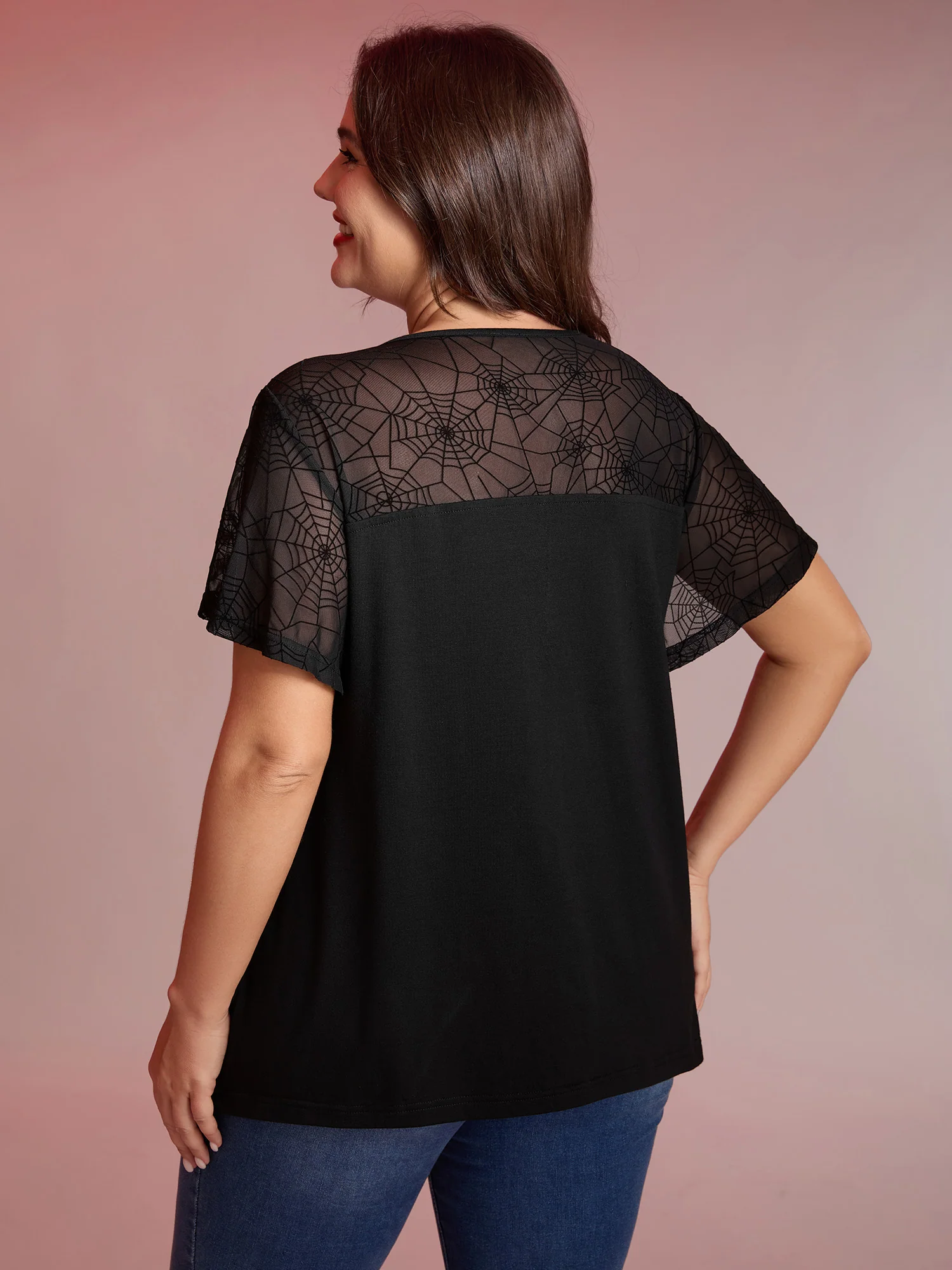 Sheer Neckline Tie Ruffled Sleeve T-Shirt - Image 4