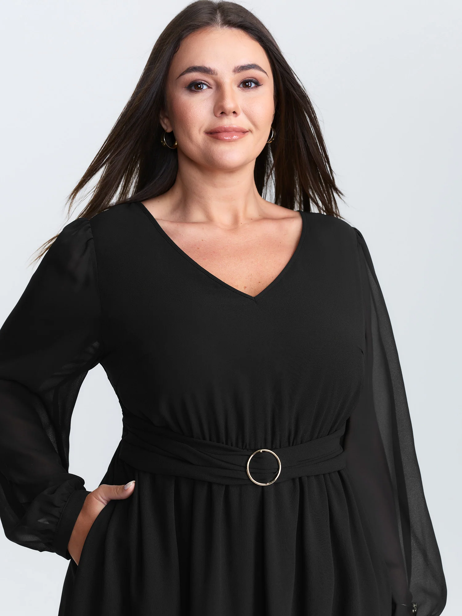 Sheer Pleated Metal Detail Midi Dress - Image 2