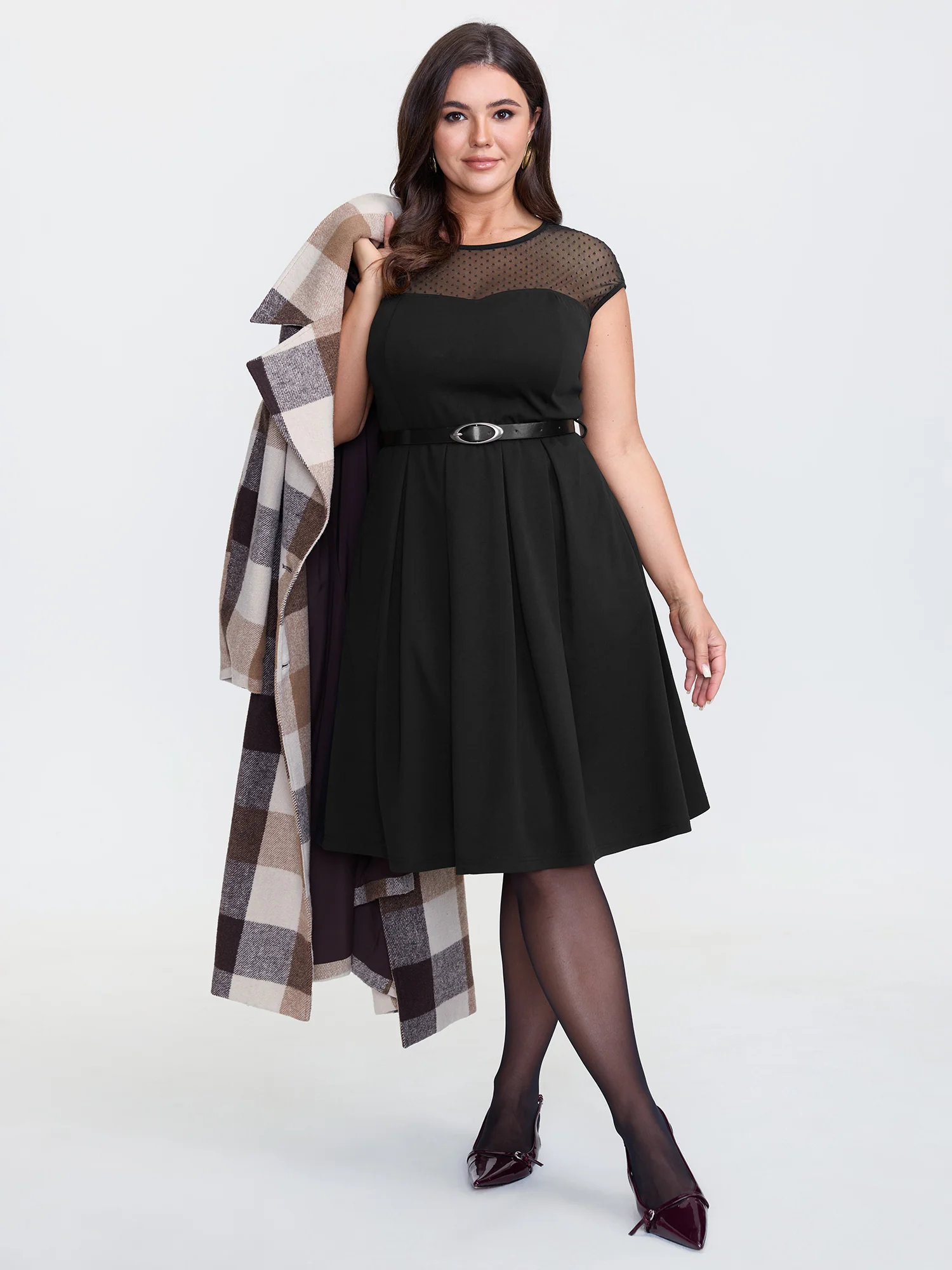 Sheer Polka Dots Neckline Belted Mini Dress