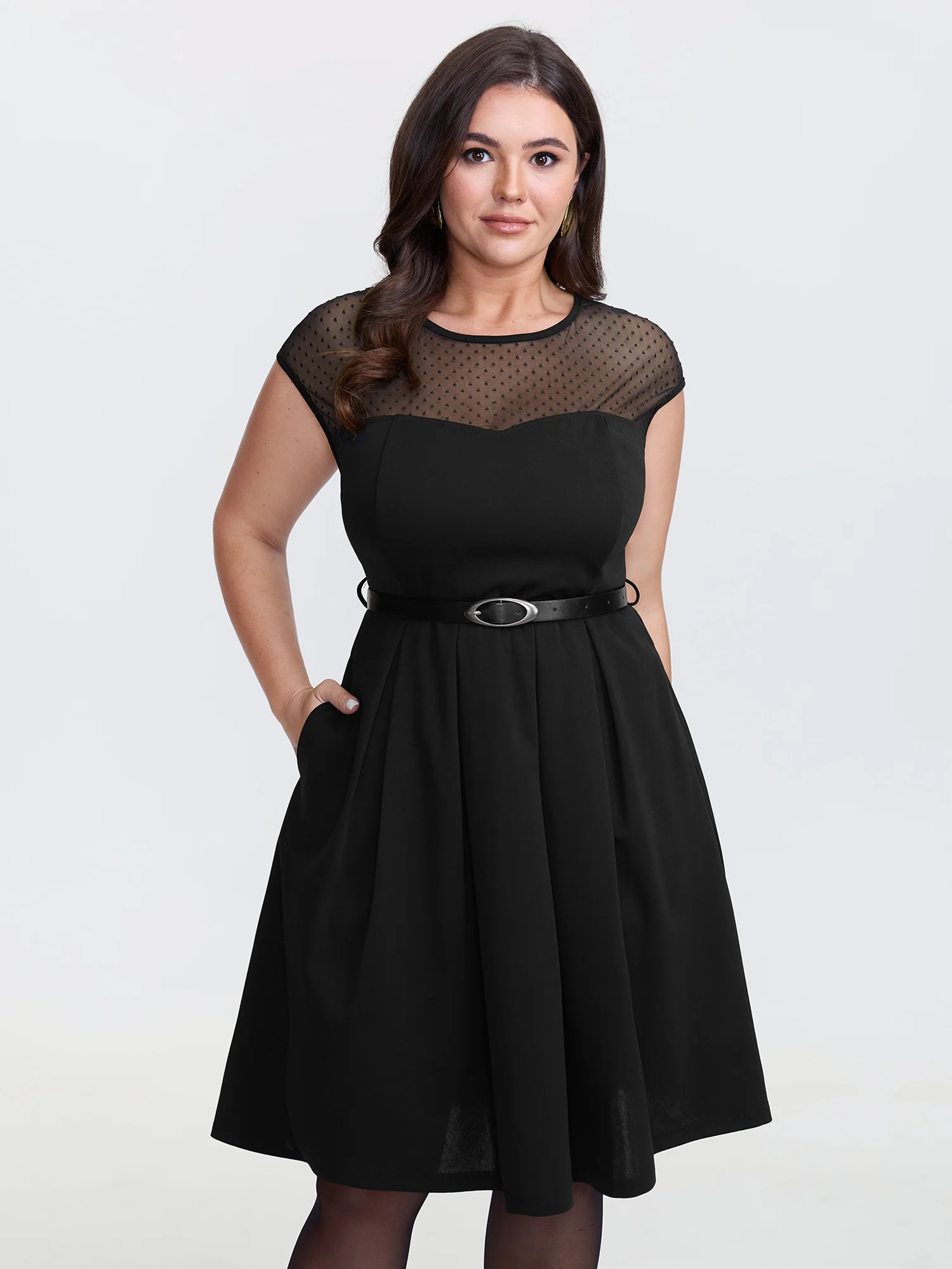Sheer Polka Dots Neckline Belted Mini Dress - Image 2