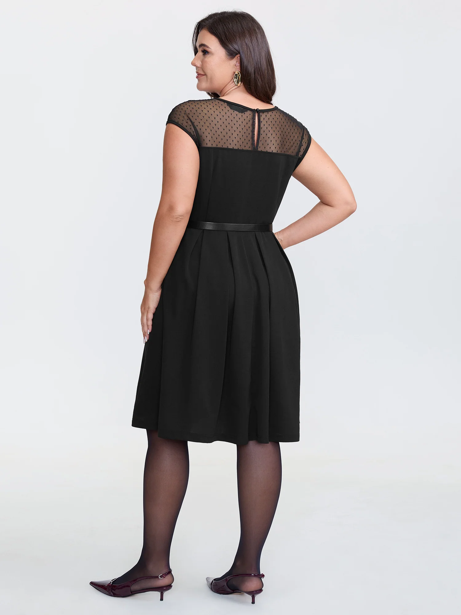 Sheer Polka Dots Neckline Belted Mini Dress - Image 4