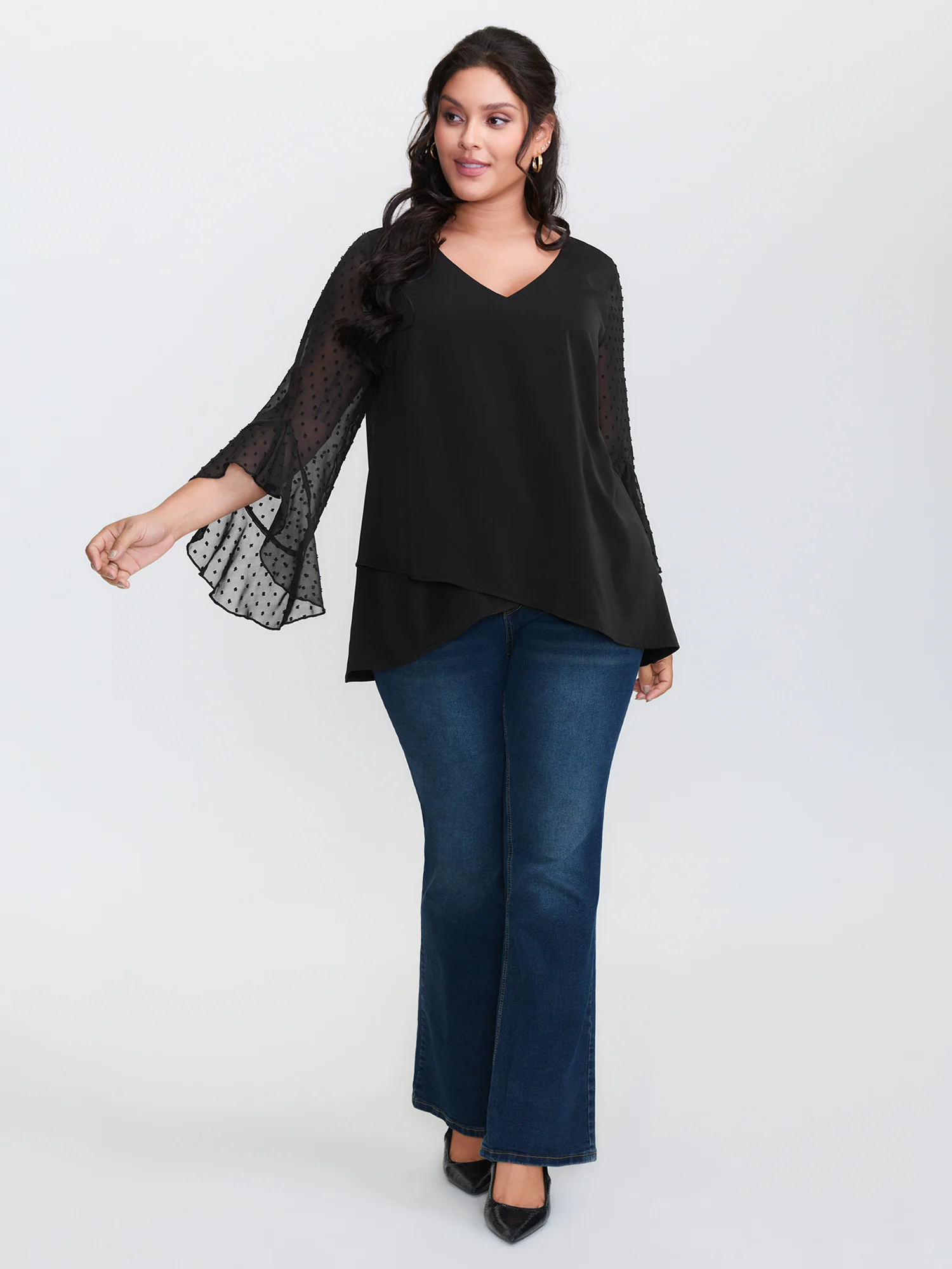 Sheer Polka Dots Sleeve Knit Top - Image 2