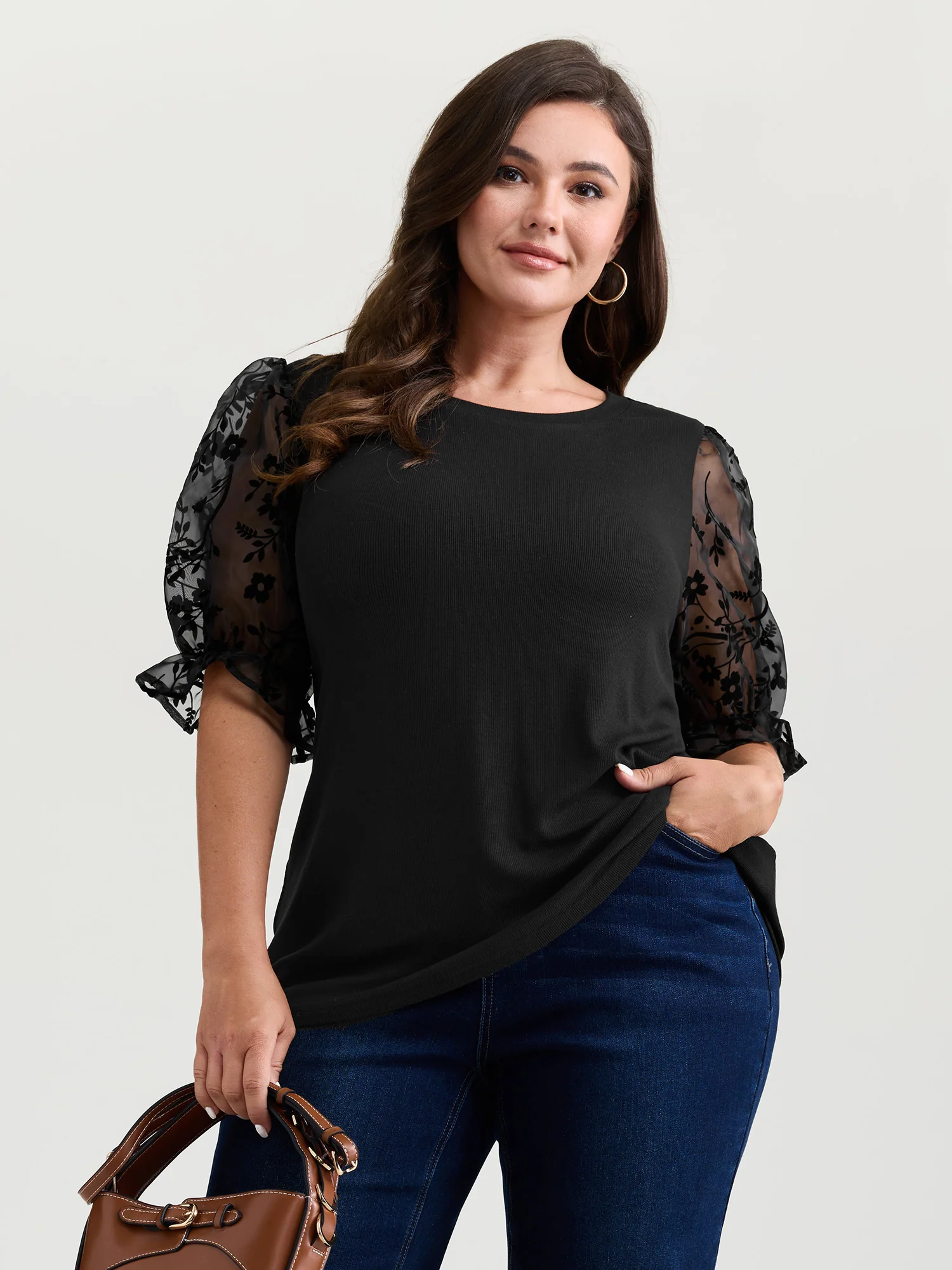 Sheer Puffy Sleeve Round Neck T-Shirt