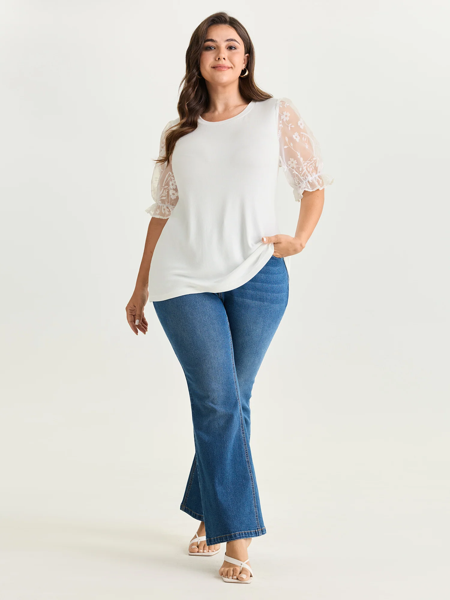 Sheer Puffy Sleeve Round Neck T-Shirt - Image 11