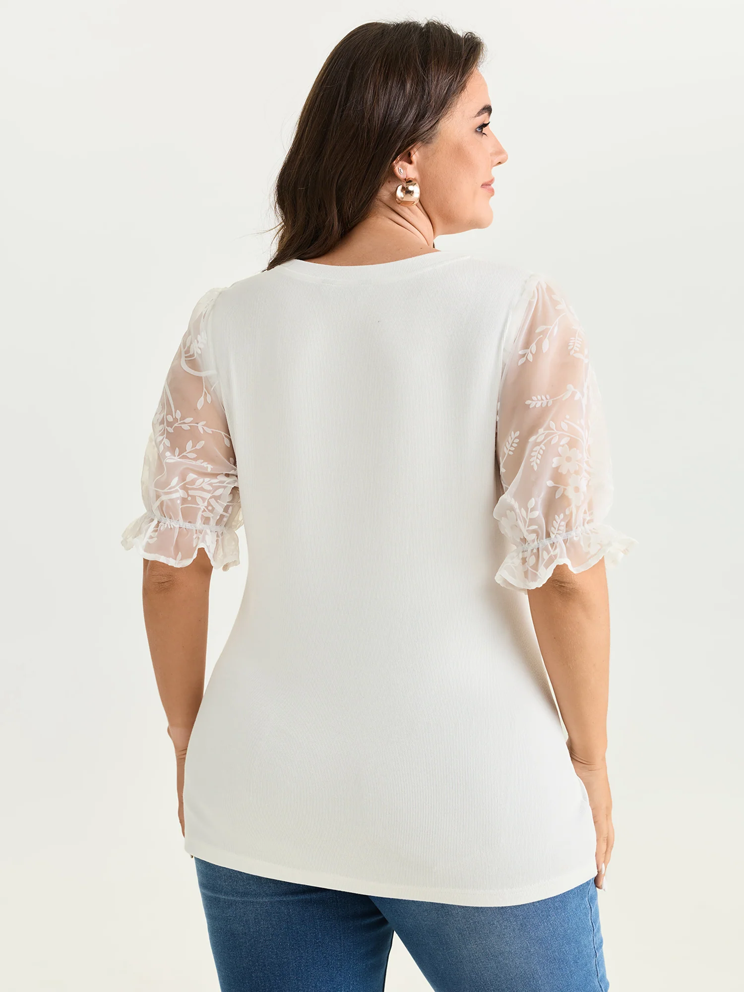 Sheer Puffy Sleeve Round Neck T-Shirt - Image 12
