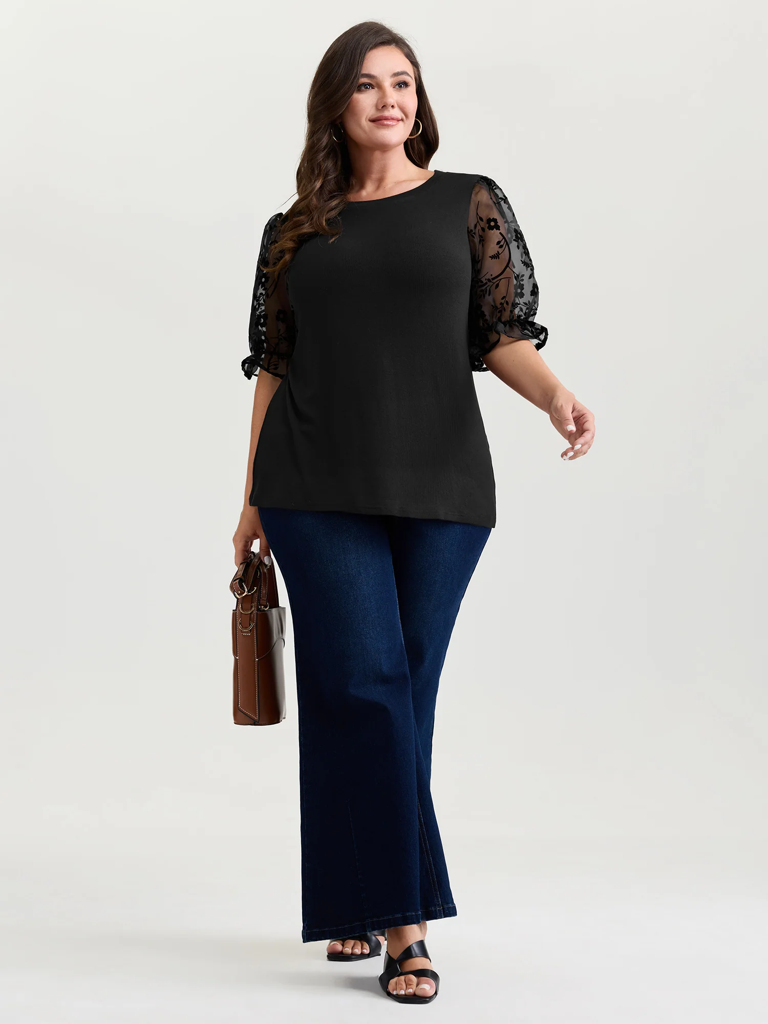 Sheer Puffy Sleeve Round Neck T-Shirt - Image 3