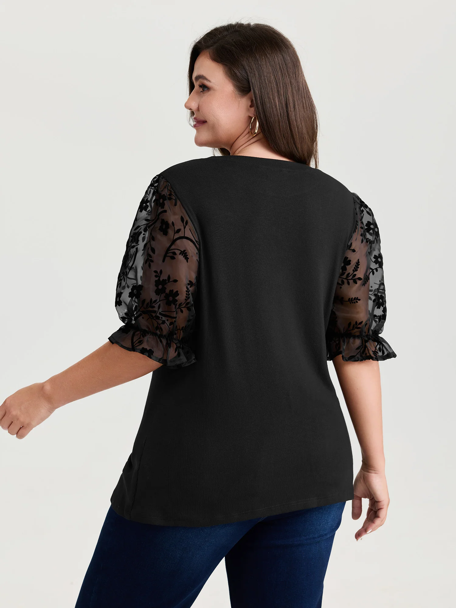 Sheer Puffy Sleeve Round Neck T-Shirt - Image 5