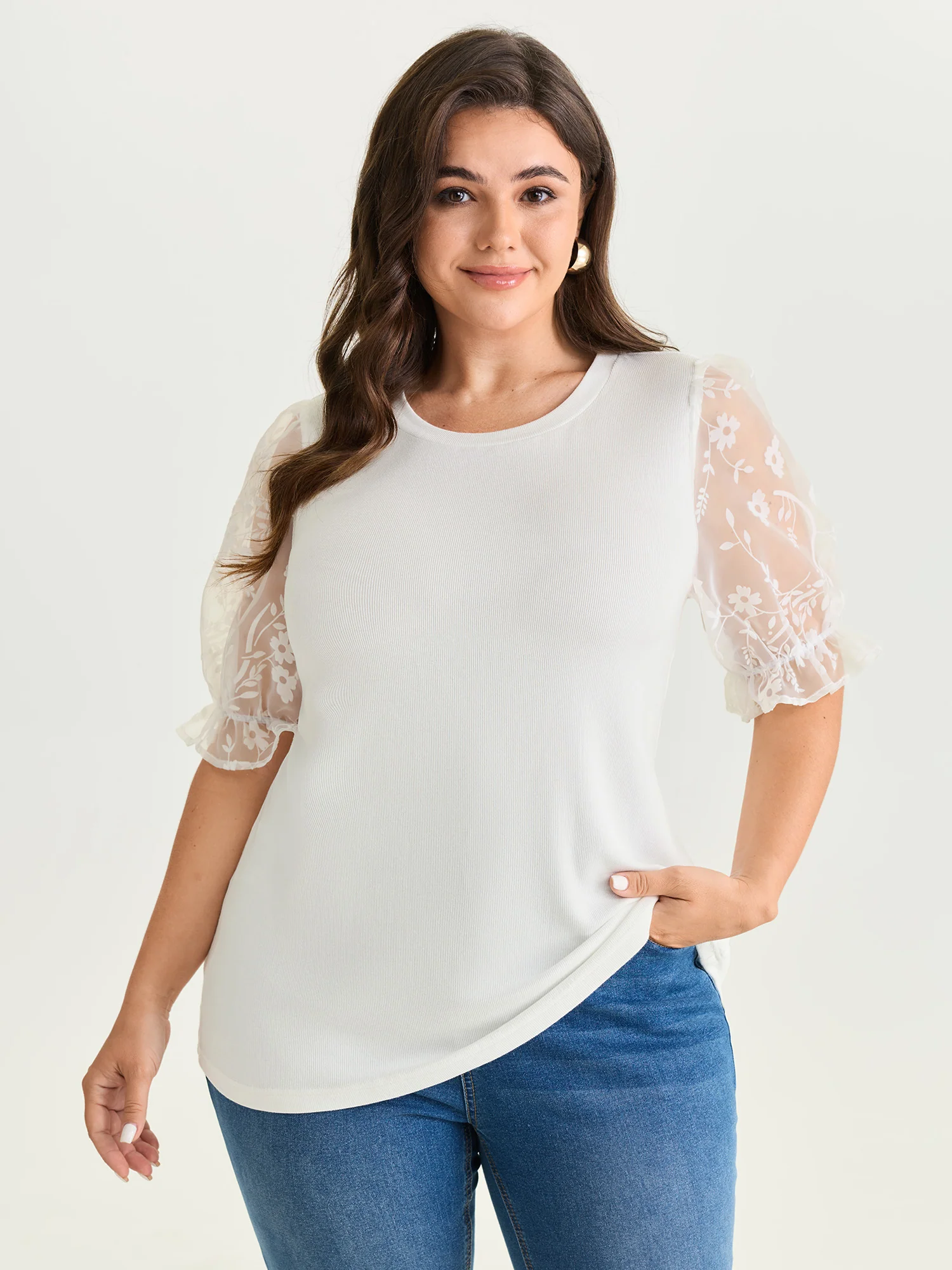 Sheer Puffy Sleeve Round Neck T-Shirt - Image 9