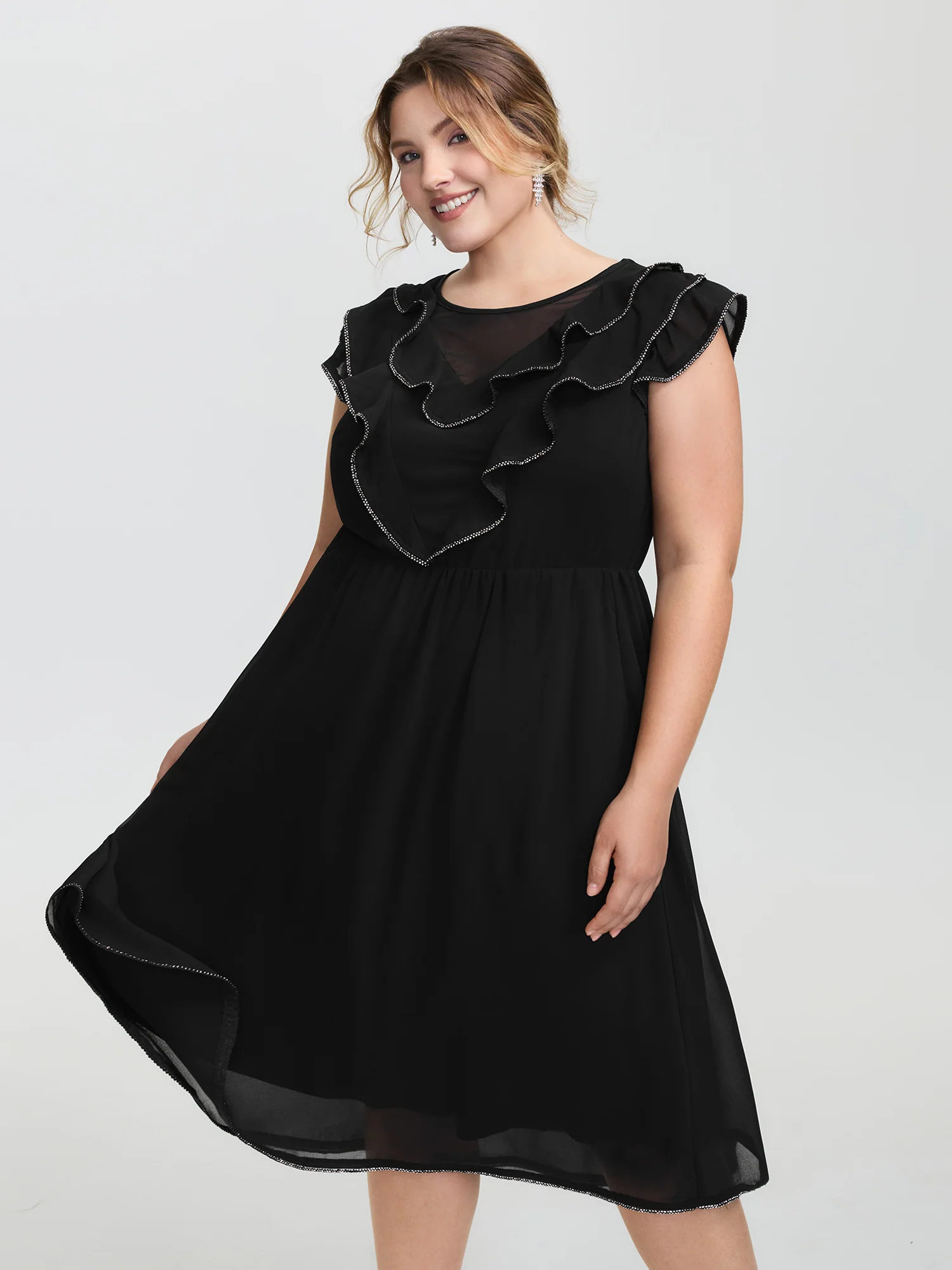Sheer Rhinestone Chain Trim Ruffled Midi Dress - Image 2