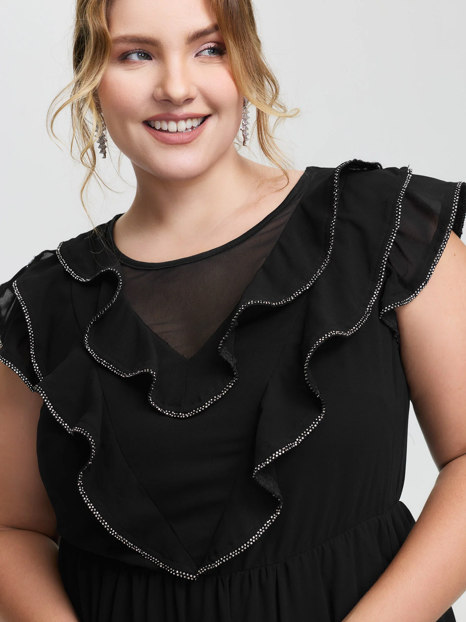 Sheer Rhinestone Chain Trim Ruffled Midi Dress - Image 3
