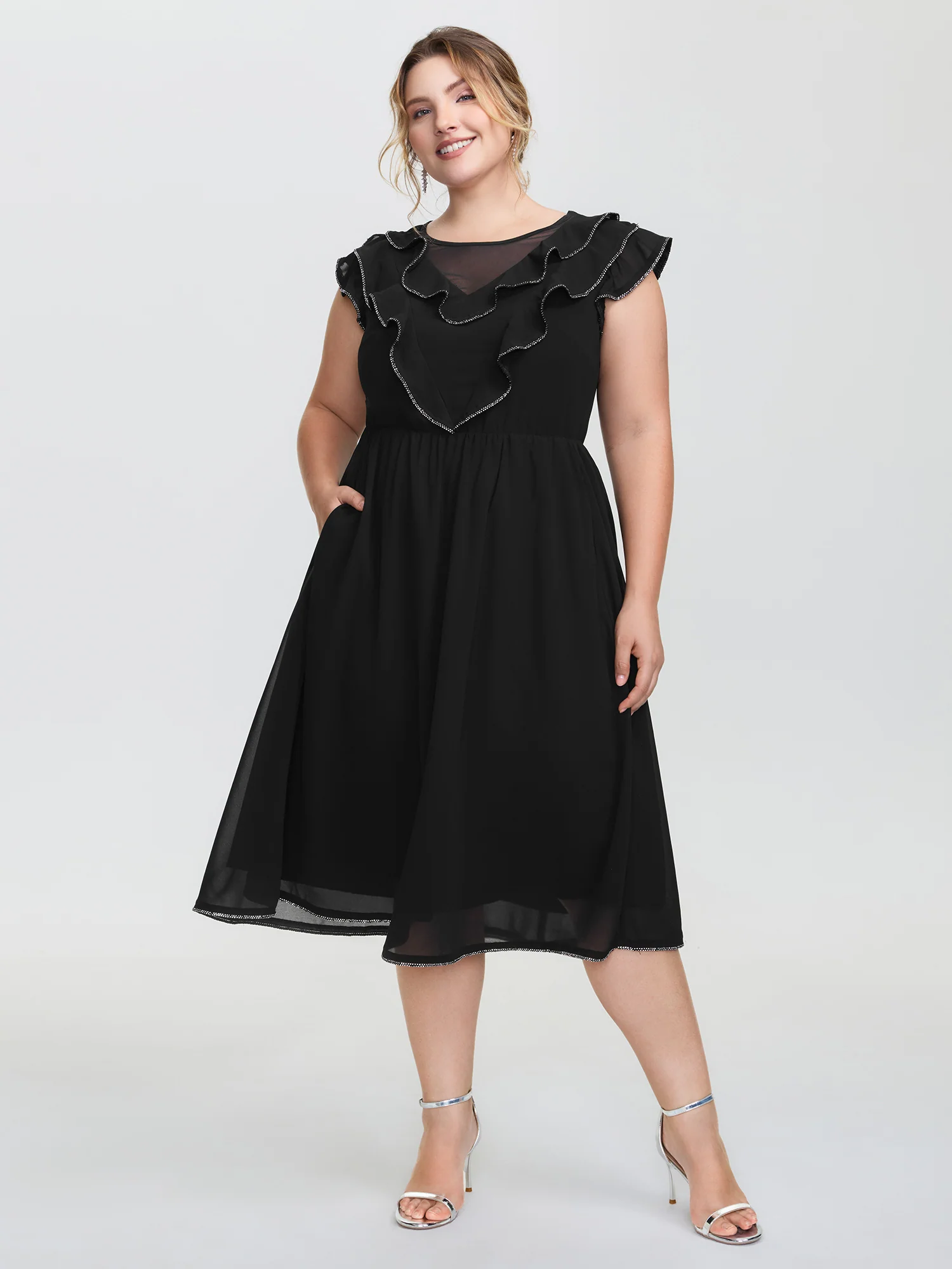 Sheer Rhinestone Chain Trim Ruffled Midi Dress - Image 4