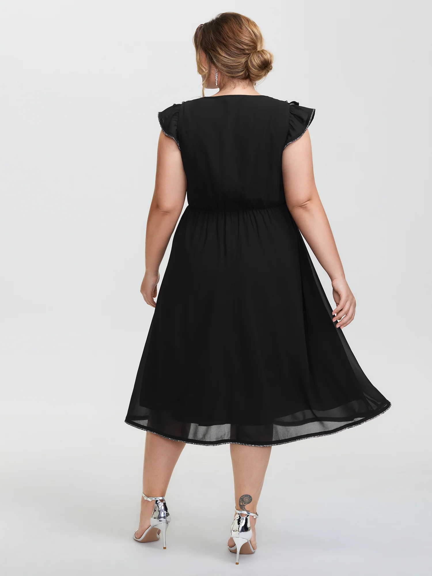 Sheer Rhinestone Chain Trim Ruffled Midi Dress - Image 5