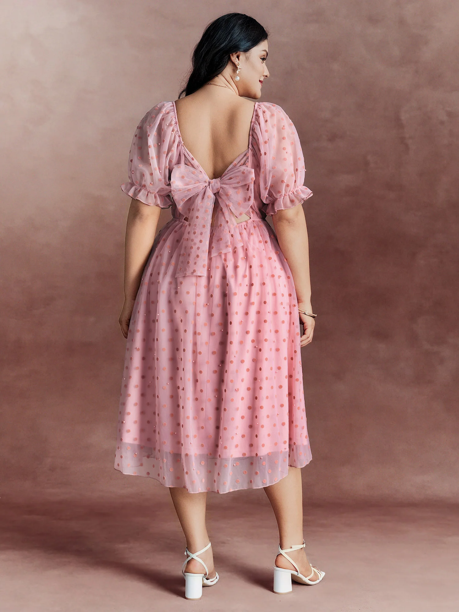 Sheer Romantic Flocking Back-Tie Midi Dress - Image 4