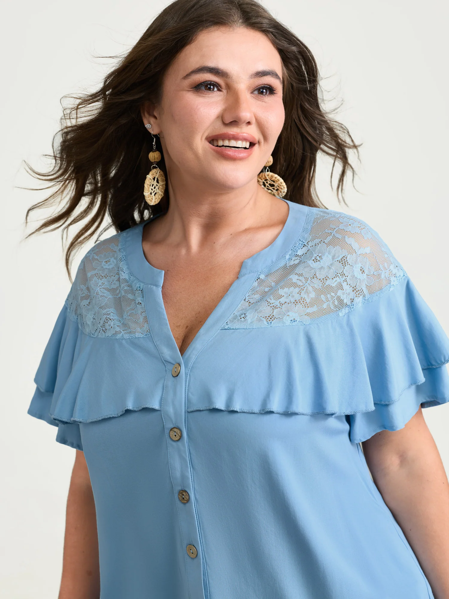 Sheer Ruffled Button Placket Blouse - Image 2