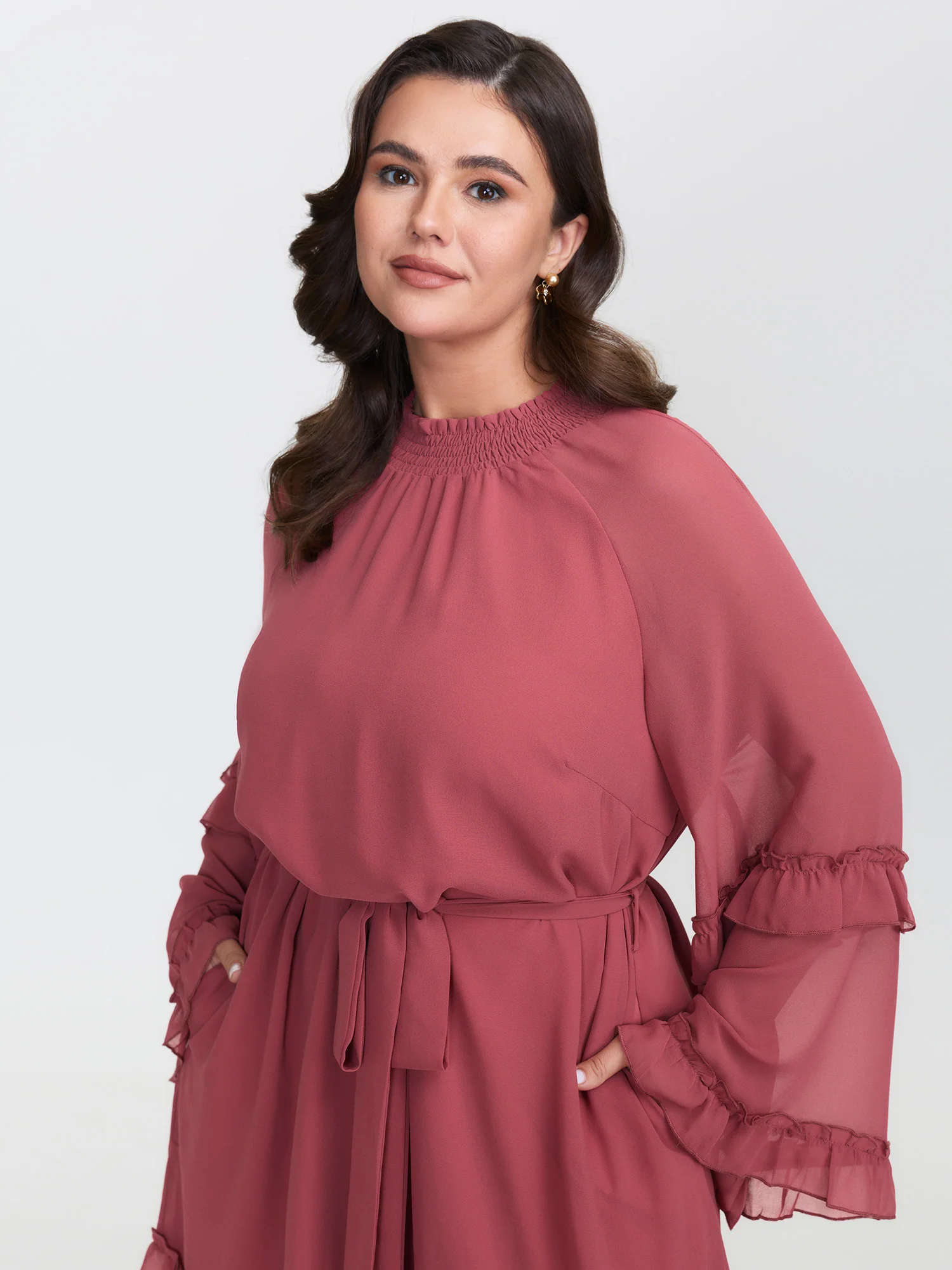 Sheer Ruffled Gathered Neck Belted Mini Dress - Image 2