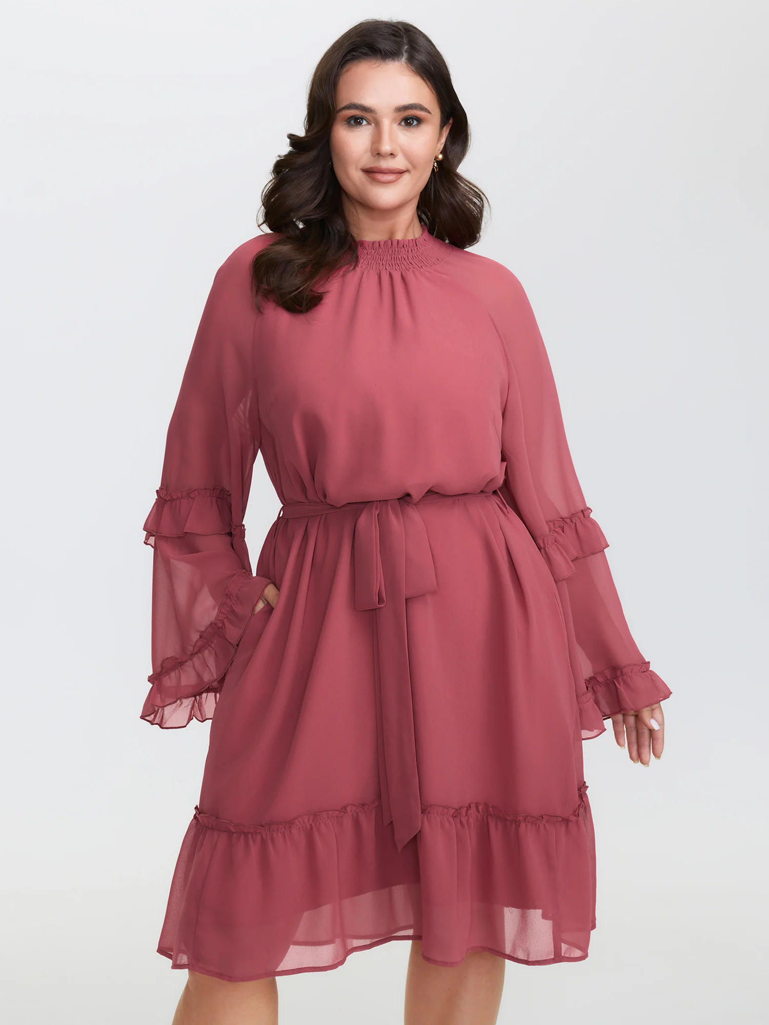 Sheer Ruffled Gathered Neck Belted Mini Dress - Image 3