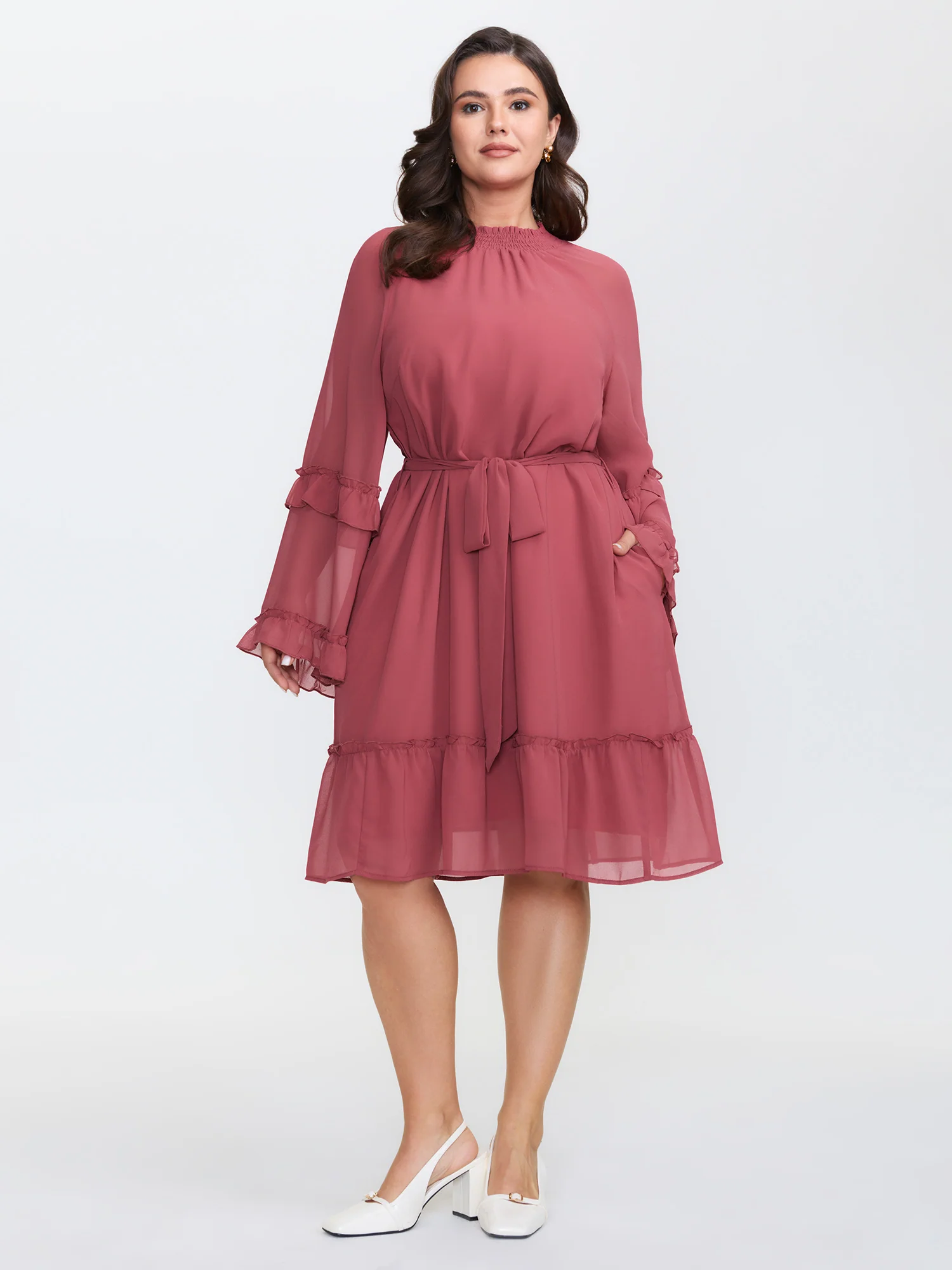 Sheer Ruffled Gathered Neck Belted Mini Dress - Image 4