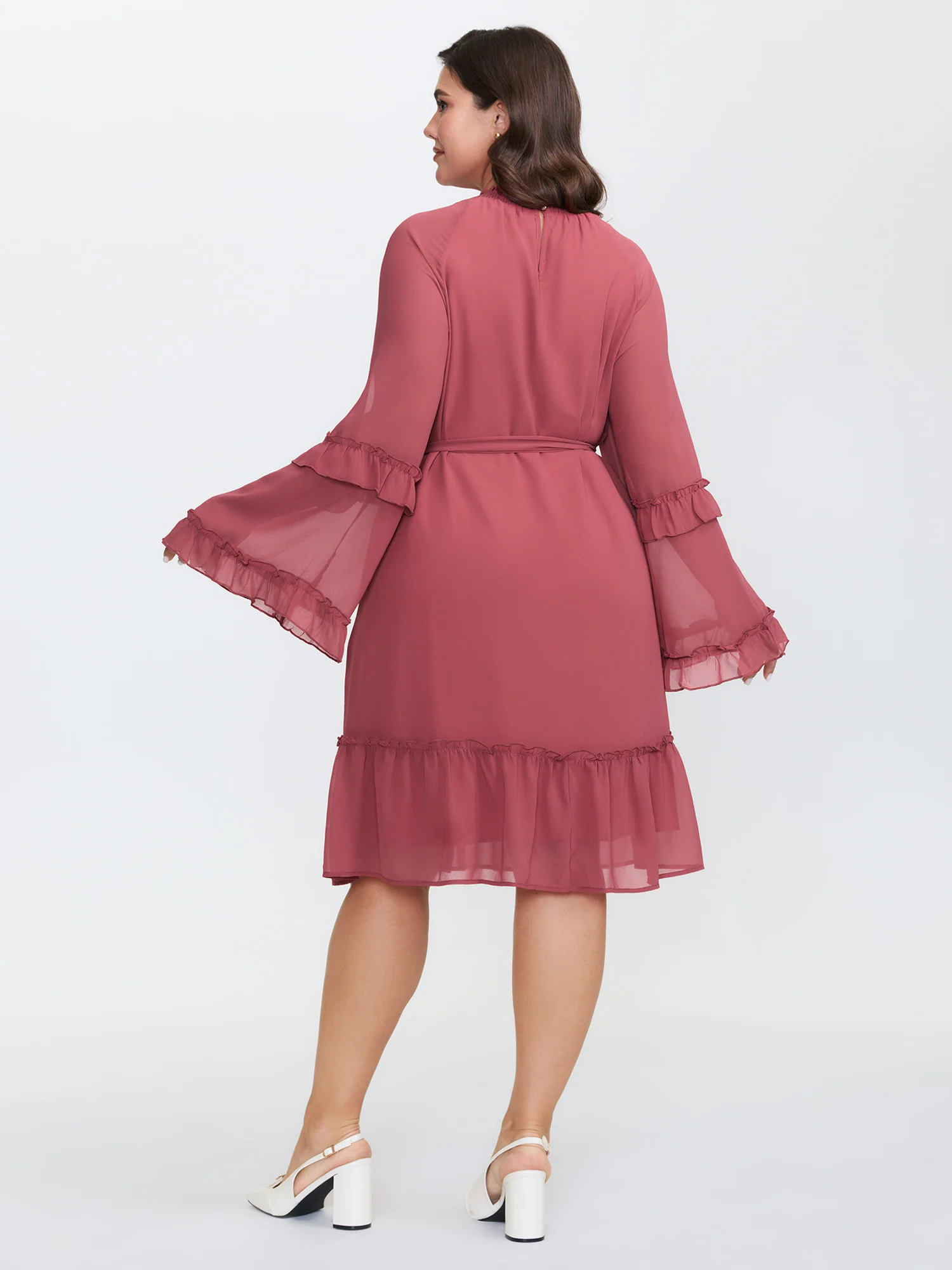 Sheer Ruffled Gathered Neck Belted Mini Dress - Image 5