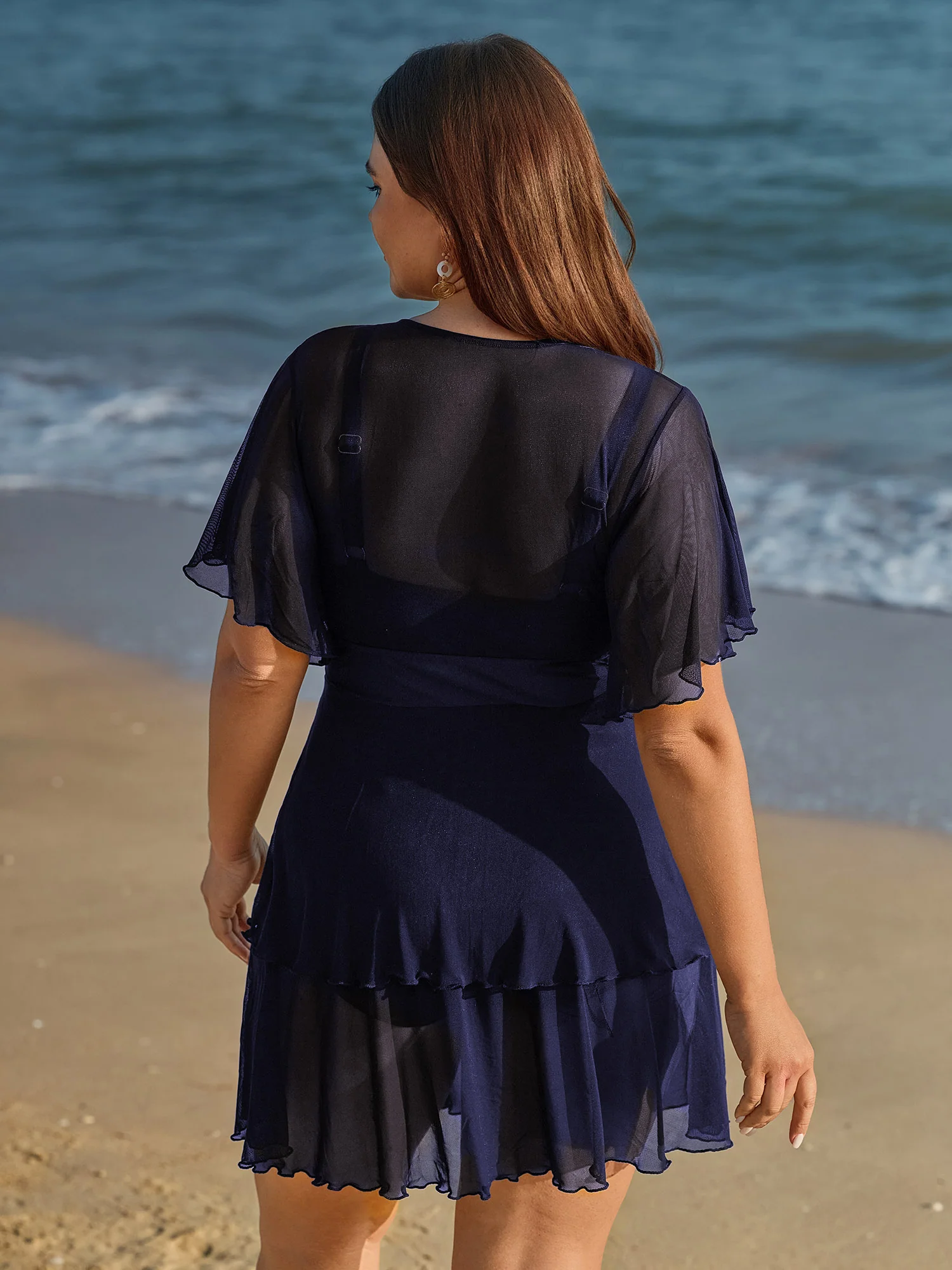Sheer Ruffled Sleeve Layered Swim Dress - Image 14