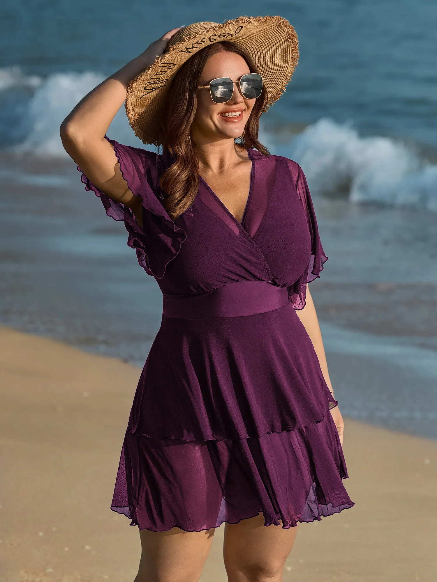 Sheer Ruffled Sleeve Layered Swim Dress - Image 15