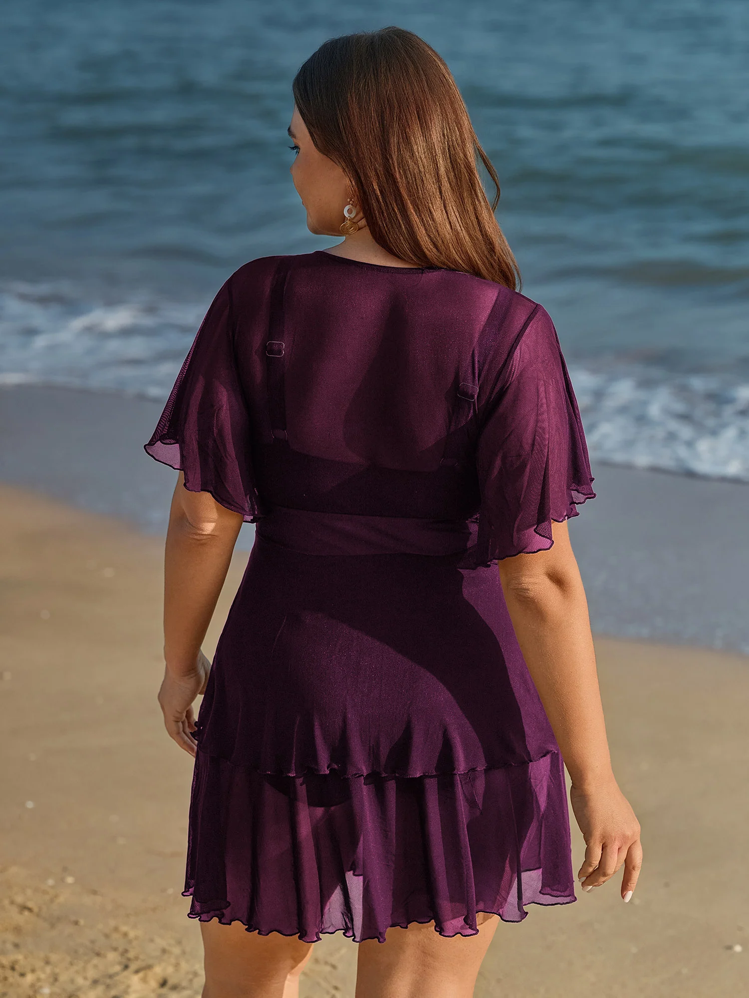 Sheer Ruffled Sleeve Layered Swim Dress - Image 19