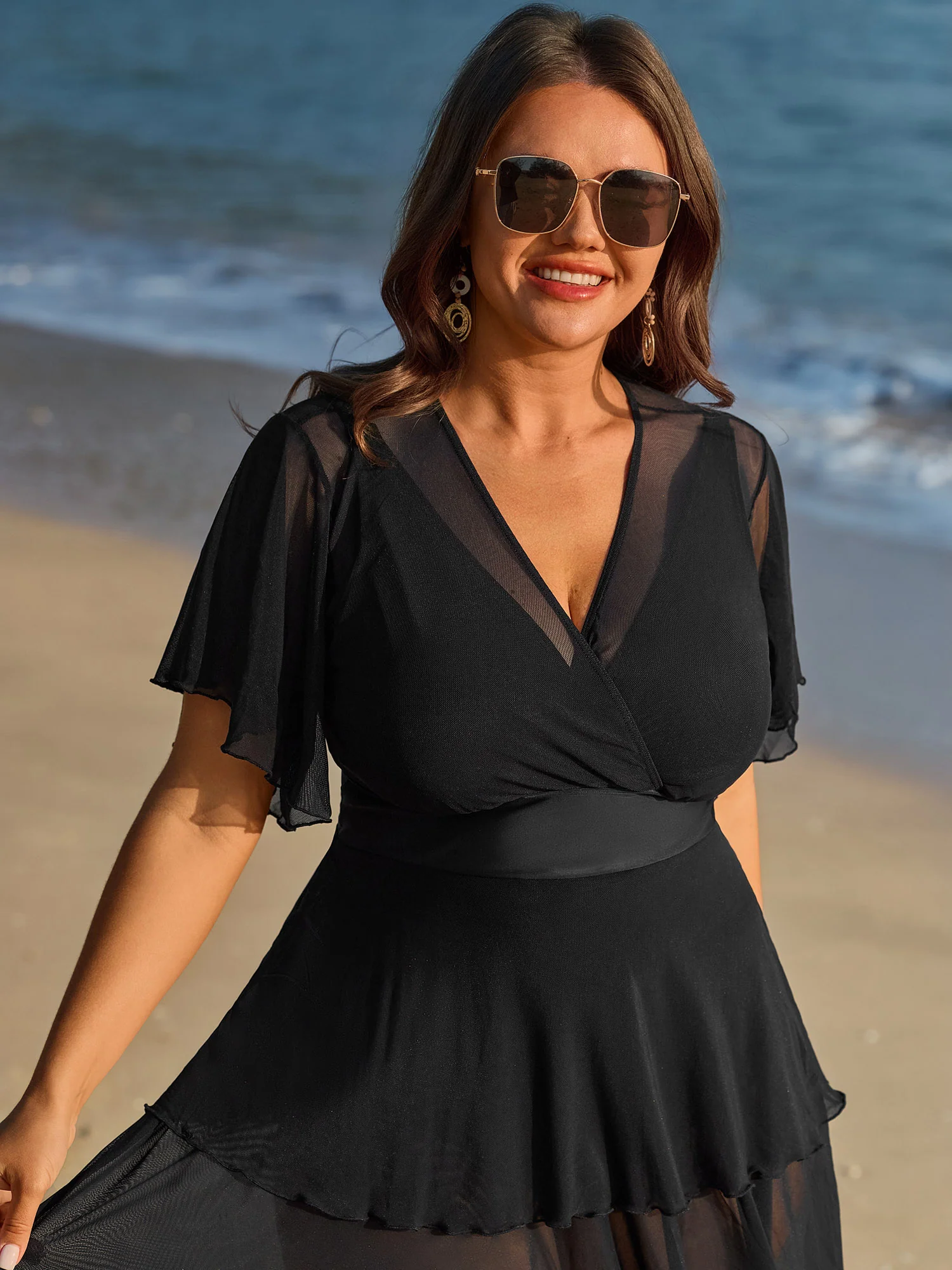 Sheer Ruffled Sleeve Layered Swim Dress - Image 2