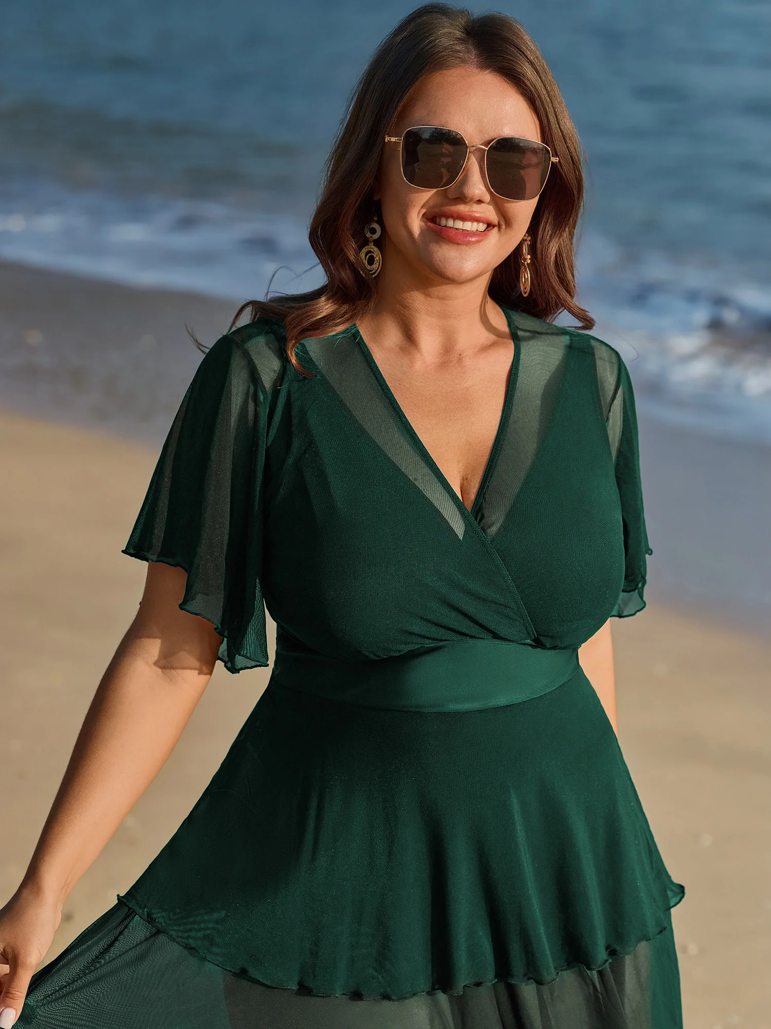 Sheer Ruffled Sleeve Layered Swim Dress - Image 21