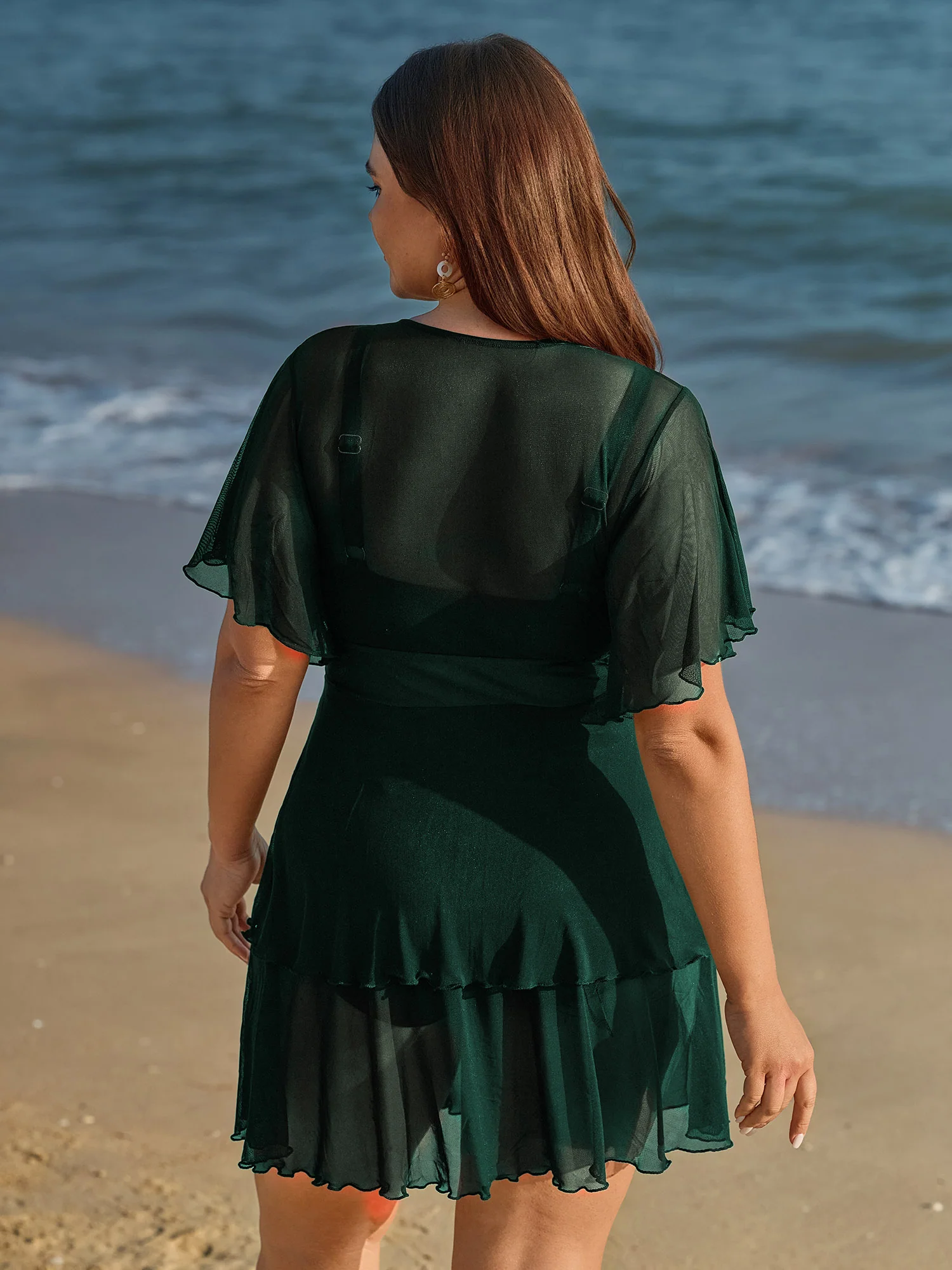 Sheer Ruffled Sleeve Layered Swim Dress - Image 24