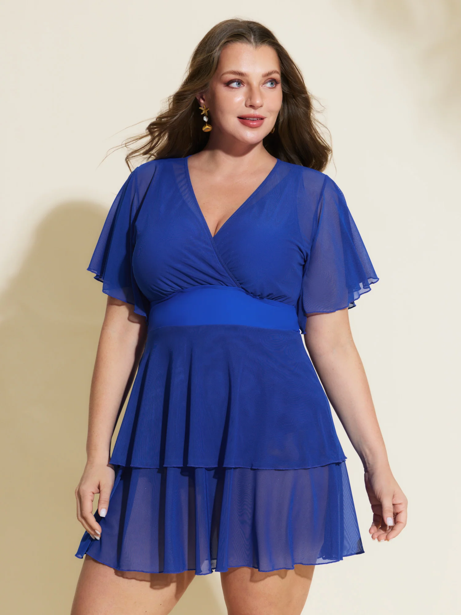 Sheer Ruffled Sleeve Layered Swim Dress - Image 25