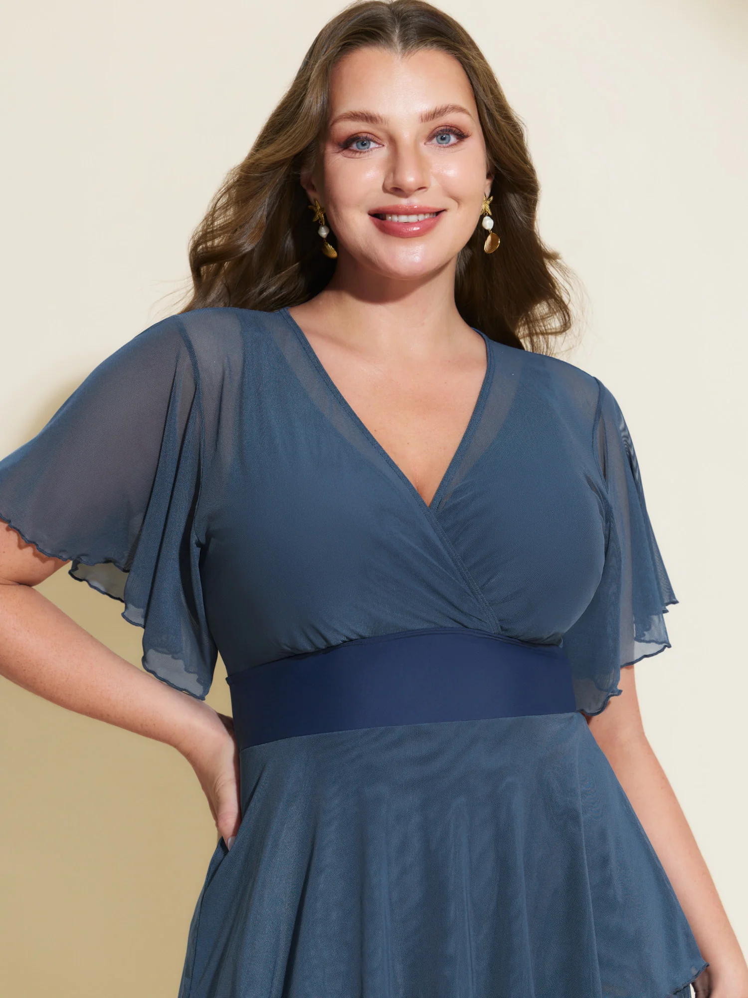 Sheer Ruffled Sleeve Layered Swim Dress - Image 31
