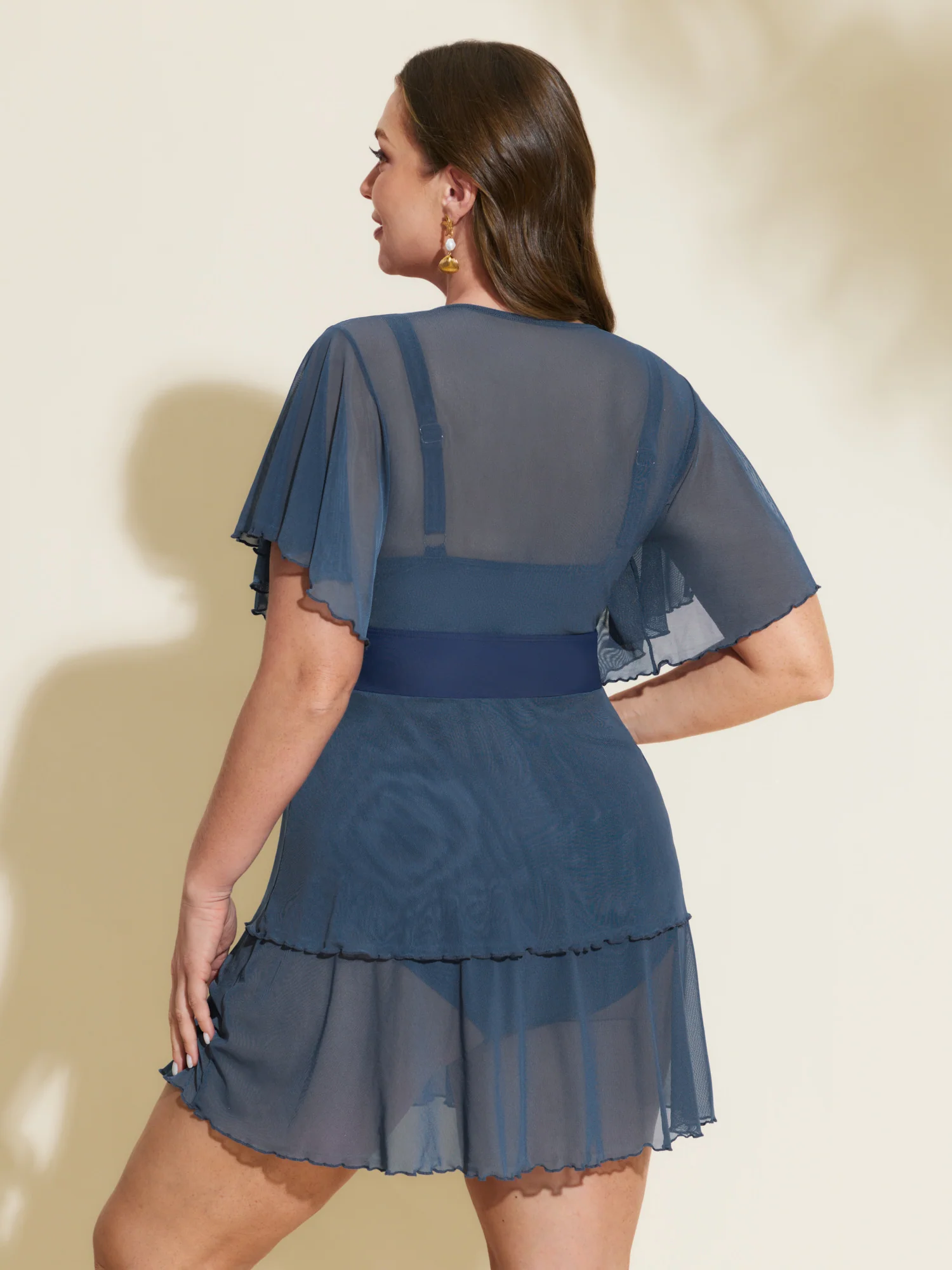 Sheer Ruffled Sleeve Layered Swim Dress - Image 34