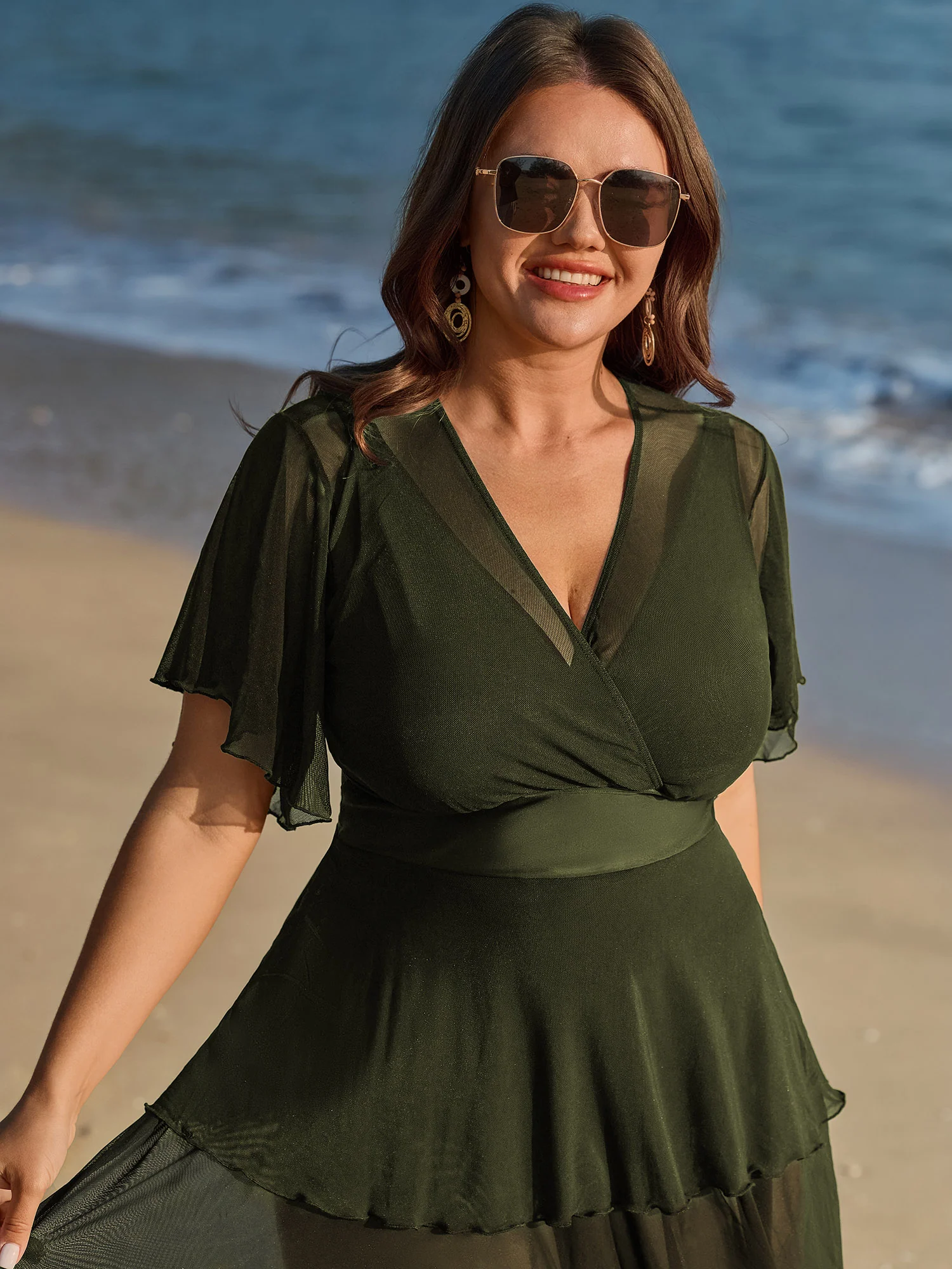 Sheer Ruffled Sleeve Layered Swim Dress - Image 36