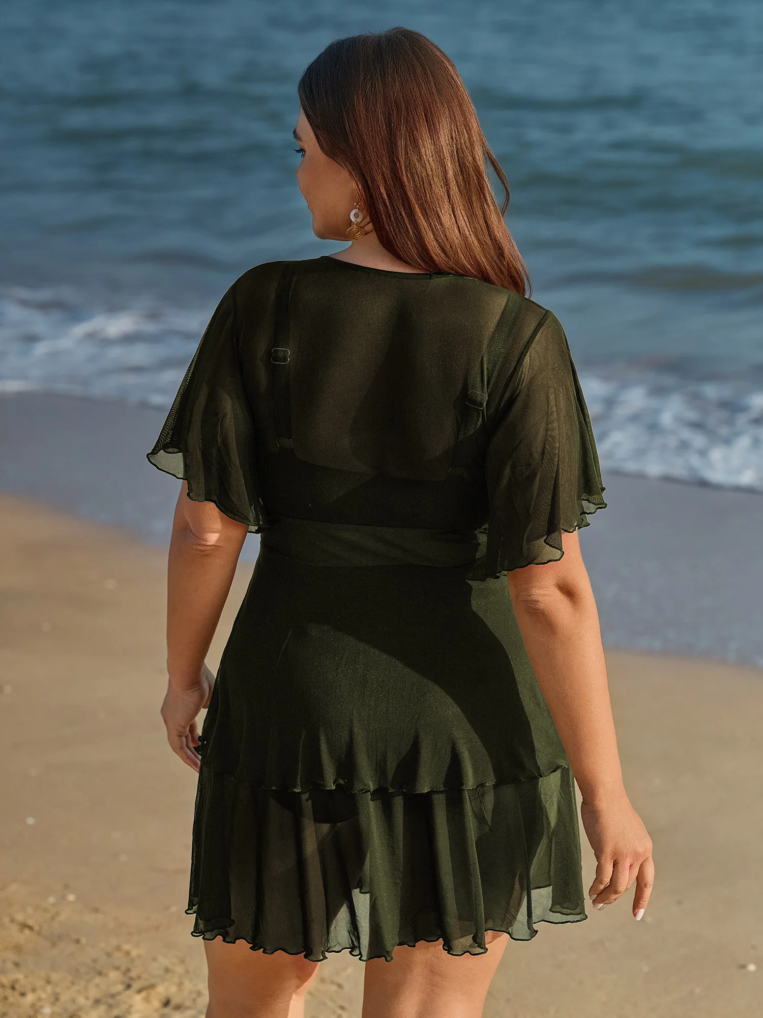 Sheer Ruffled Sleeve Layered Swim Dress - Image 39