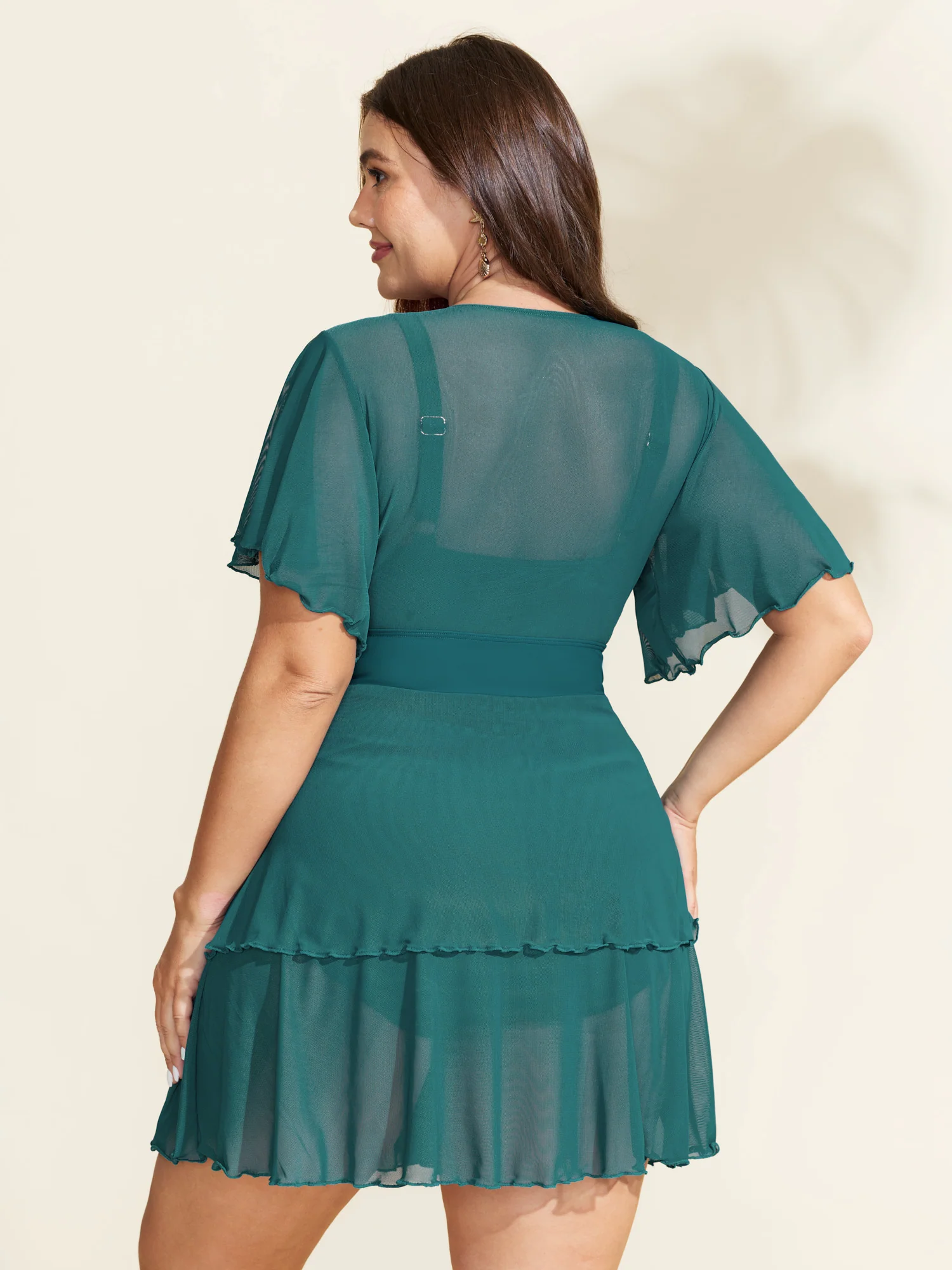 Sheer Ruffled Sleeve Layered Swim Dress - Image 45