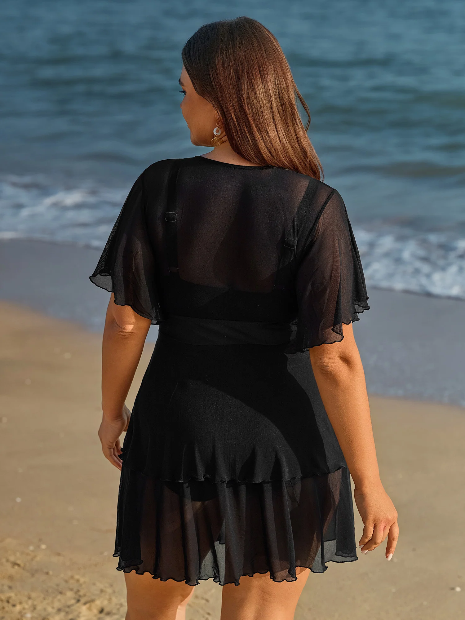 Sheer Ruffled Sleeve Layered Swim Dress - Image 5