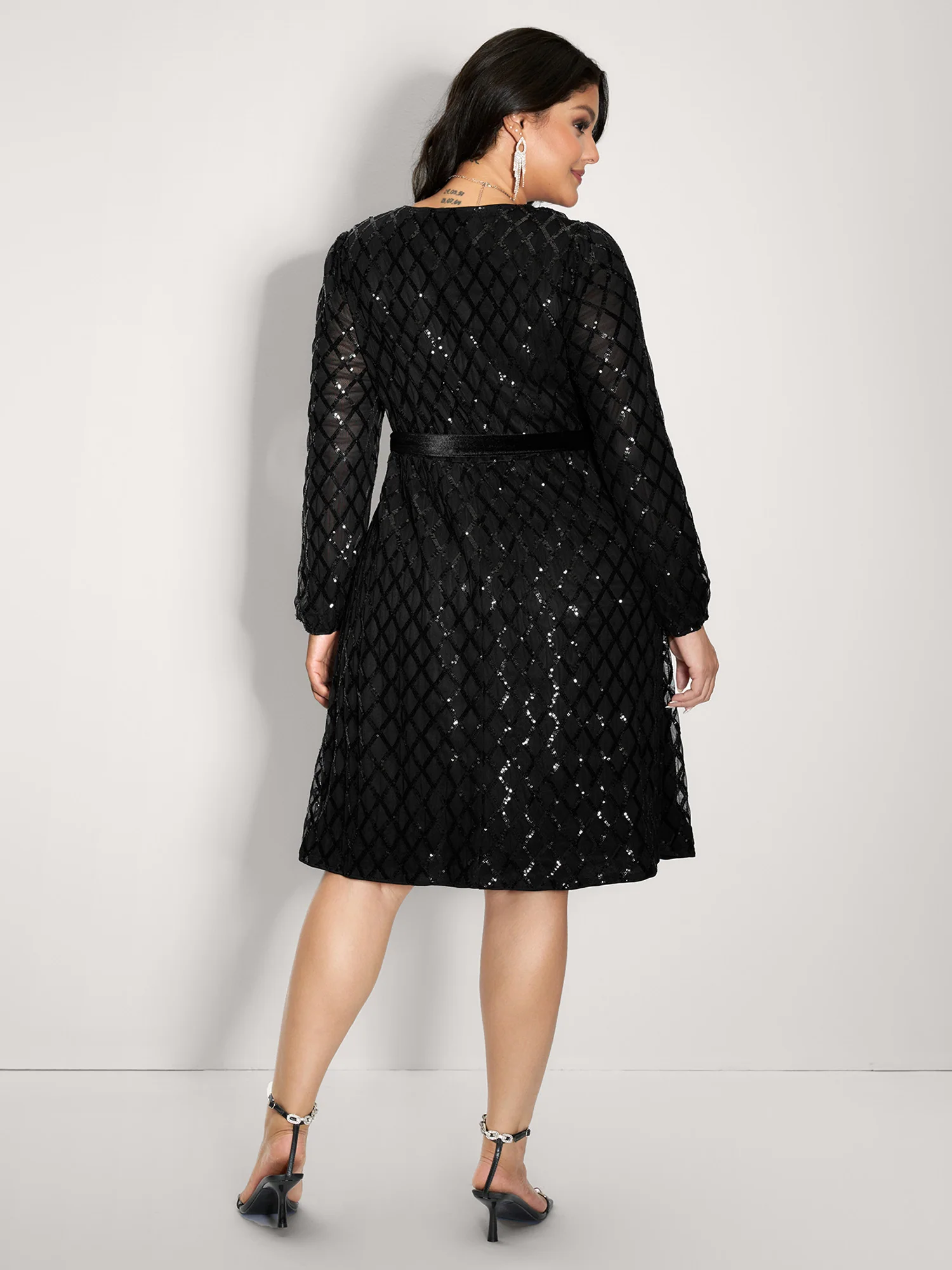 Sheer Sequin Belted Stretchy Waist Midi Dress - Image 5