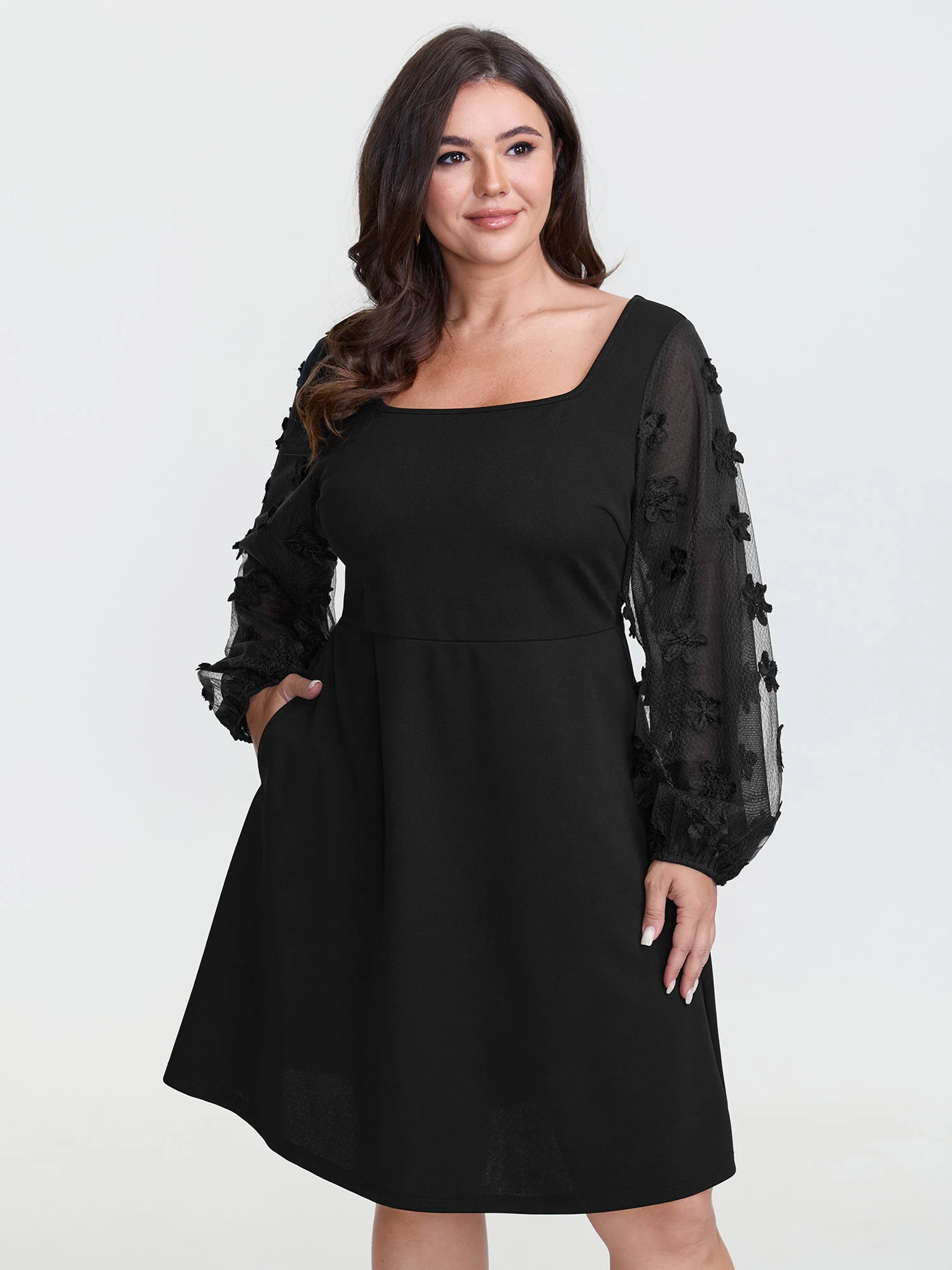 Sheer Sleeve 3D Floral Mesh Midi Dress - Image 2