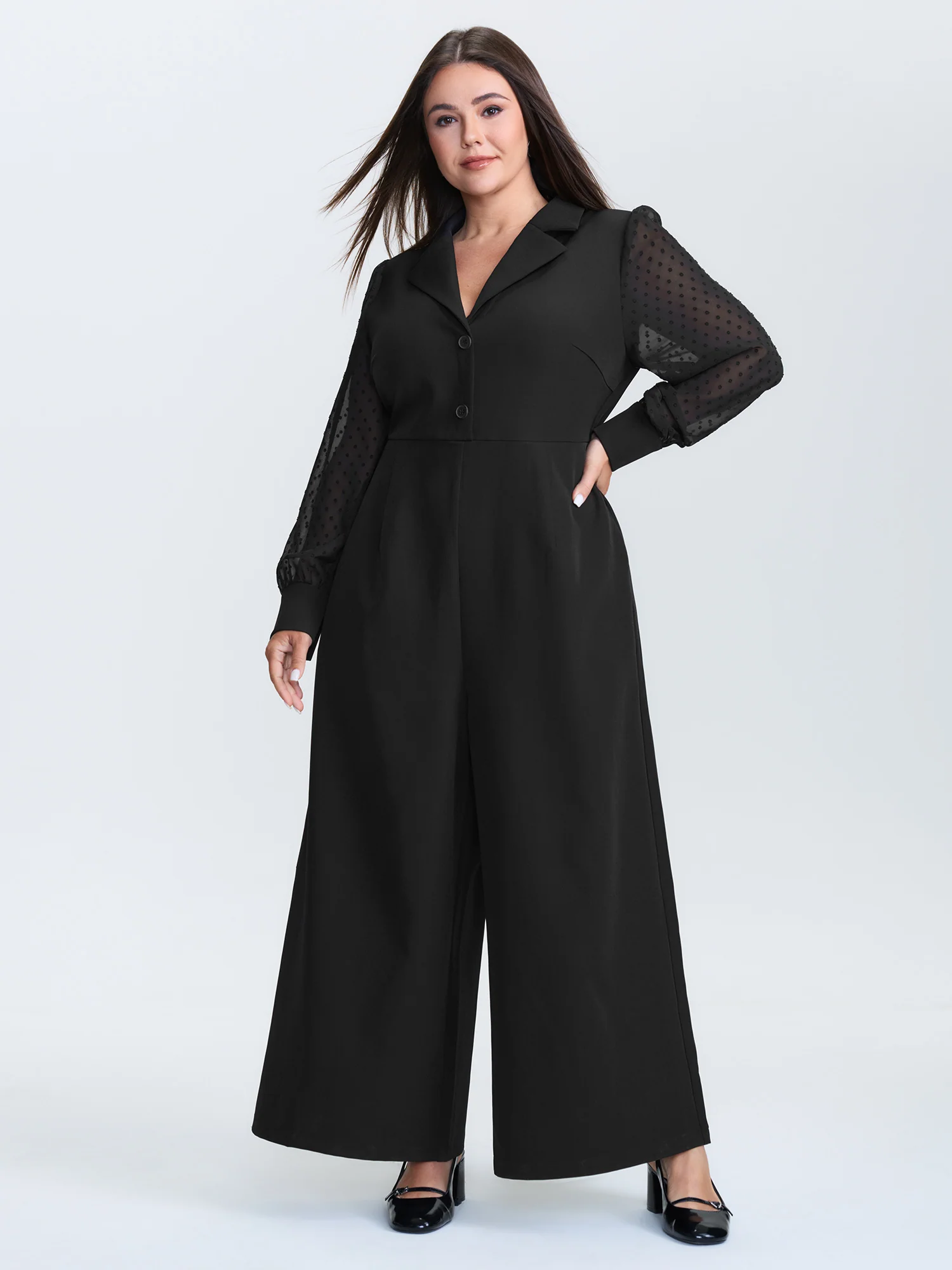 Sheer Sleeve Collared Wide-Leg Jumpsuit - Image 3