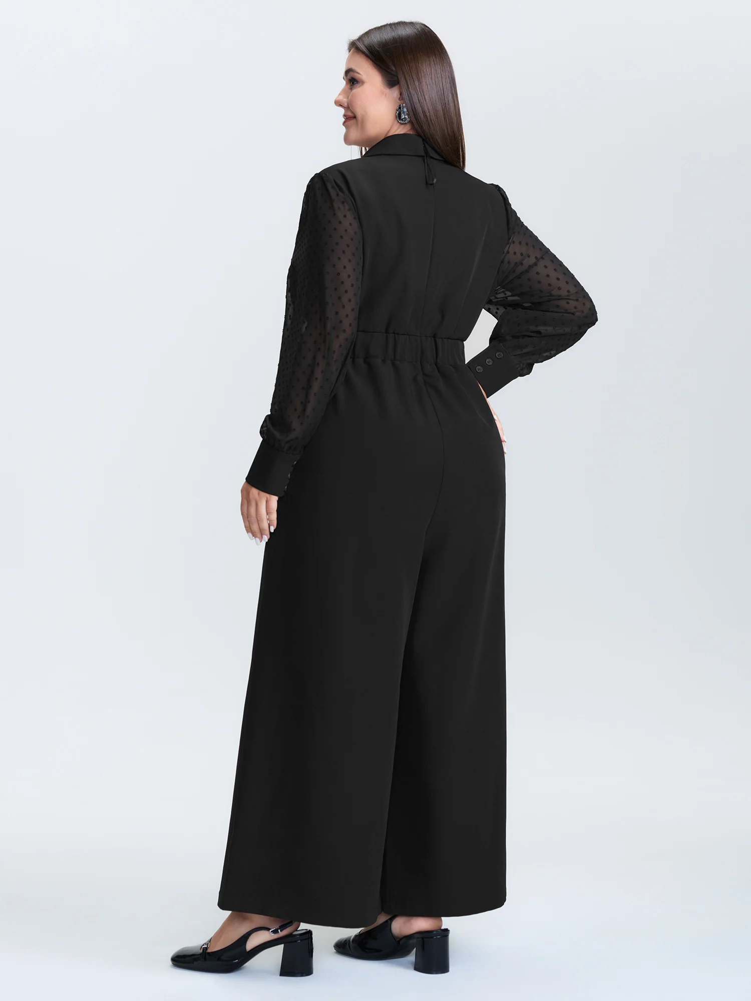 Sheer Sleeve Collared Wide-Leg Jumpsuit - Image 4