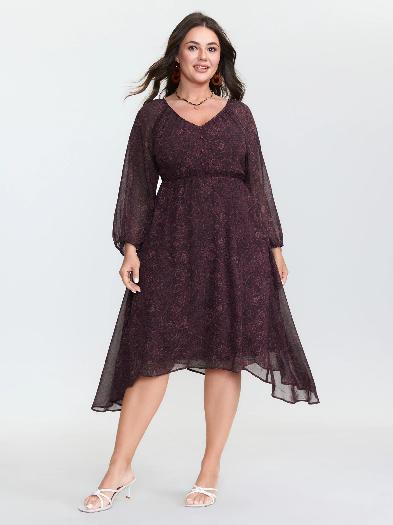 Sheer Sleeve Contrast V-Neck Midi Dress - Image 2
