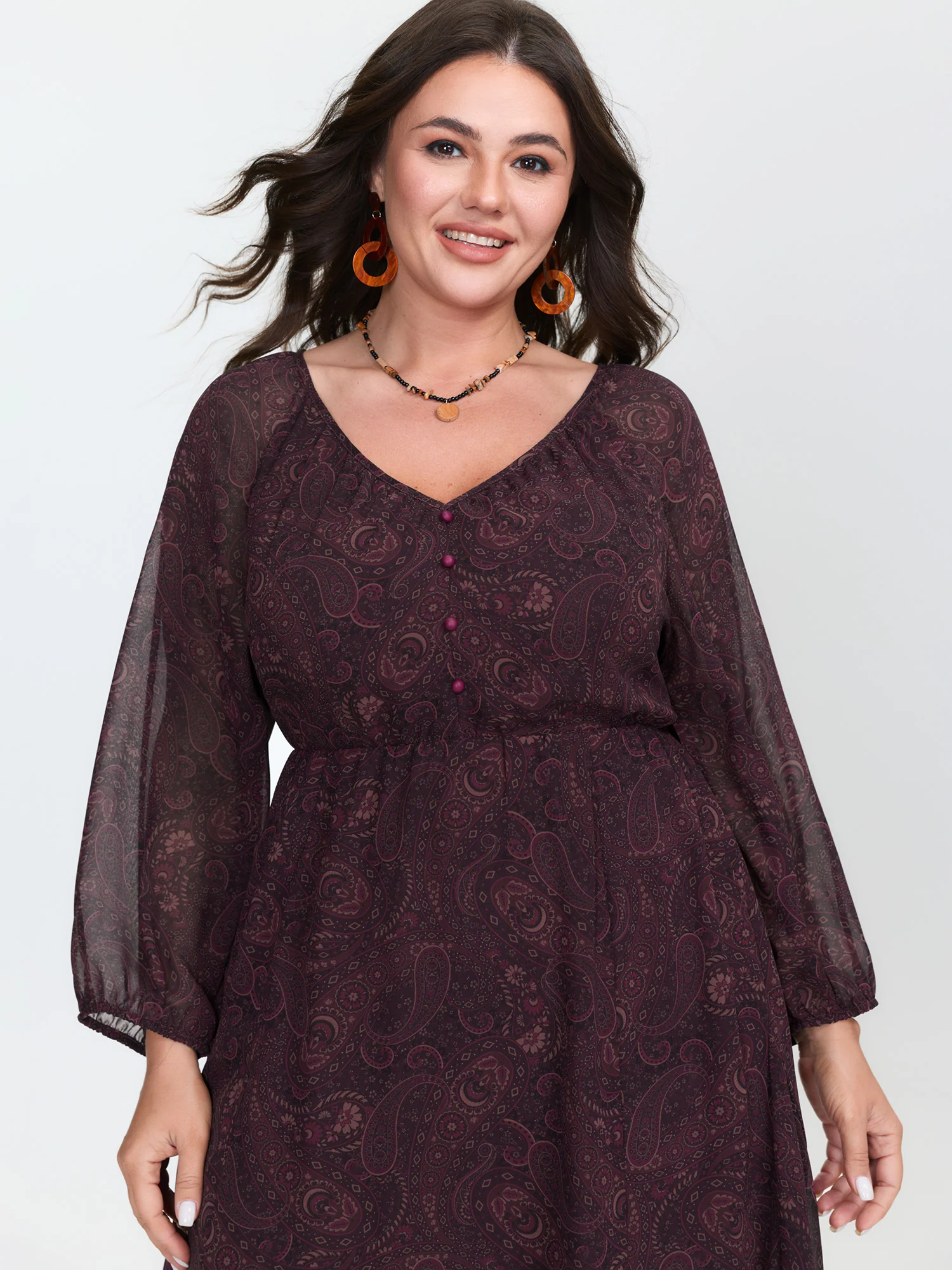 Sheer Sleeve Contrast V-Neck Midi Dress - Image 3