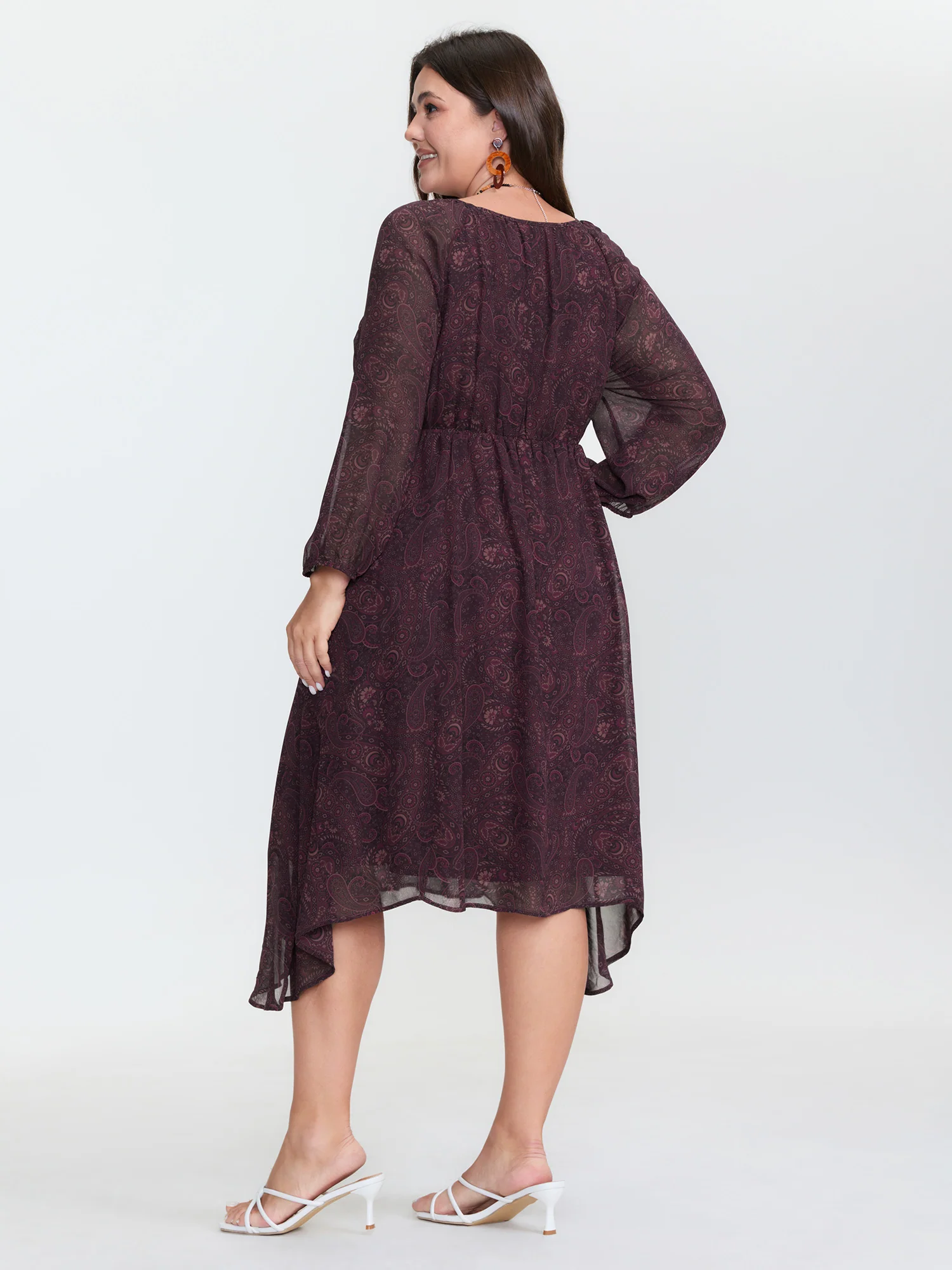 Sheer Sleeve Contrast V-Neck Midi Dress - Image 4